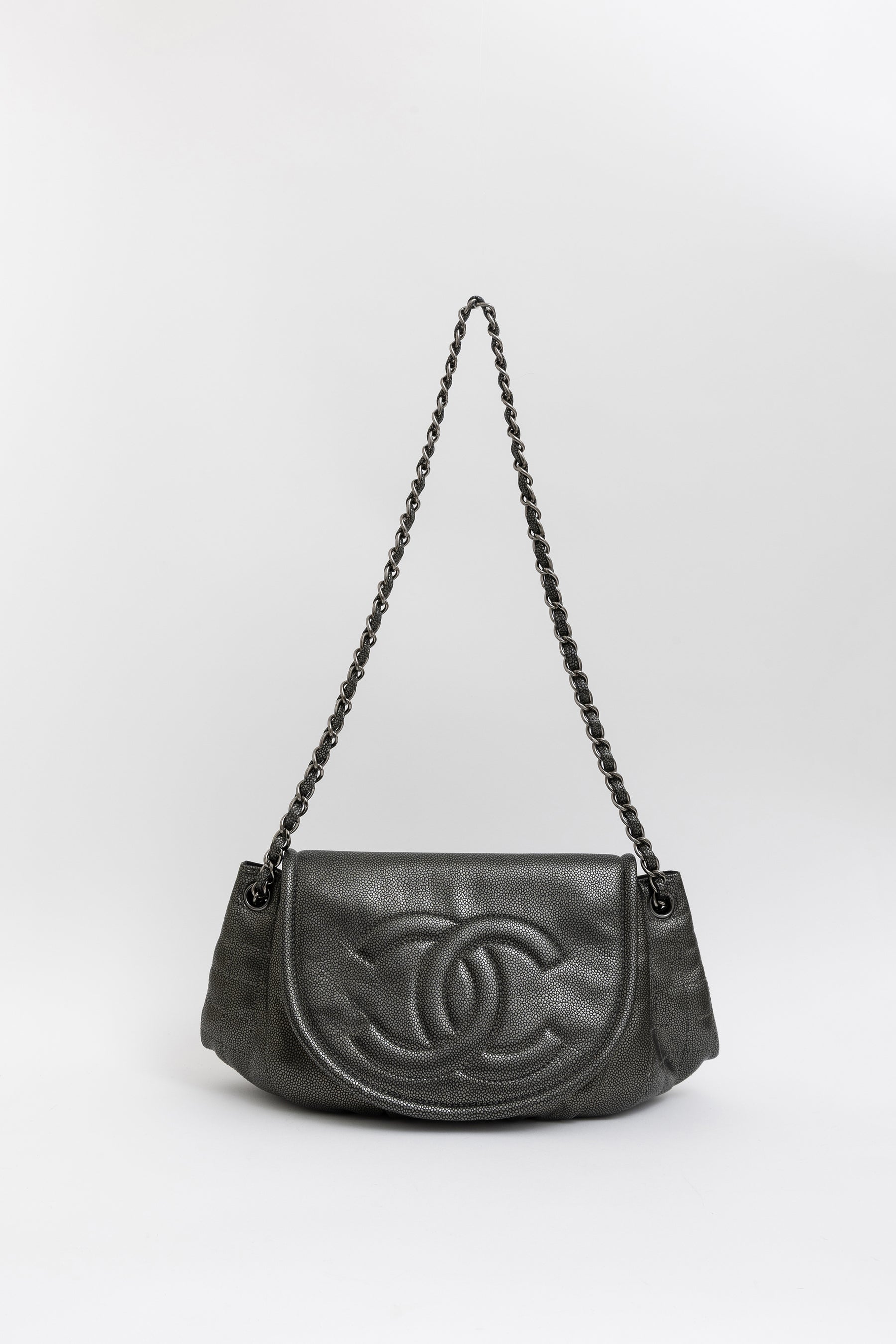 Pewter Pebbled Leather Half Moon Flap Bag