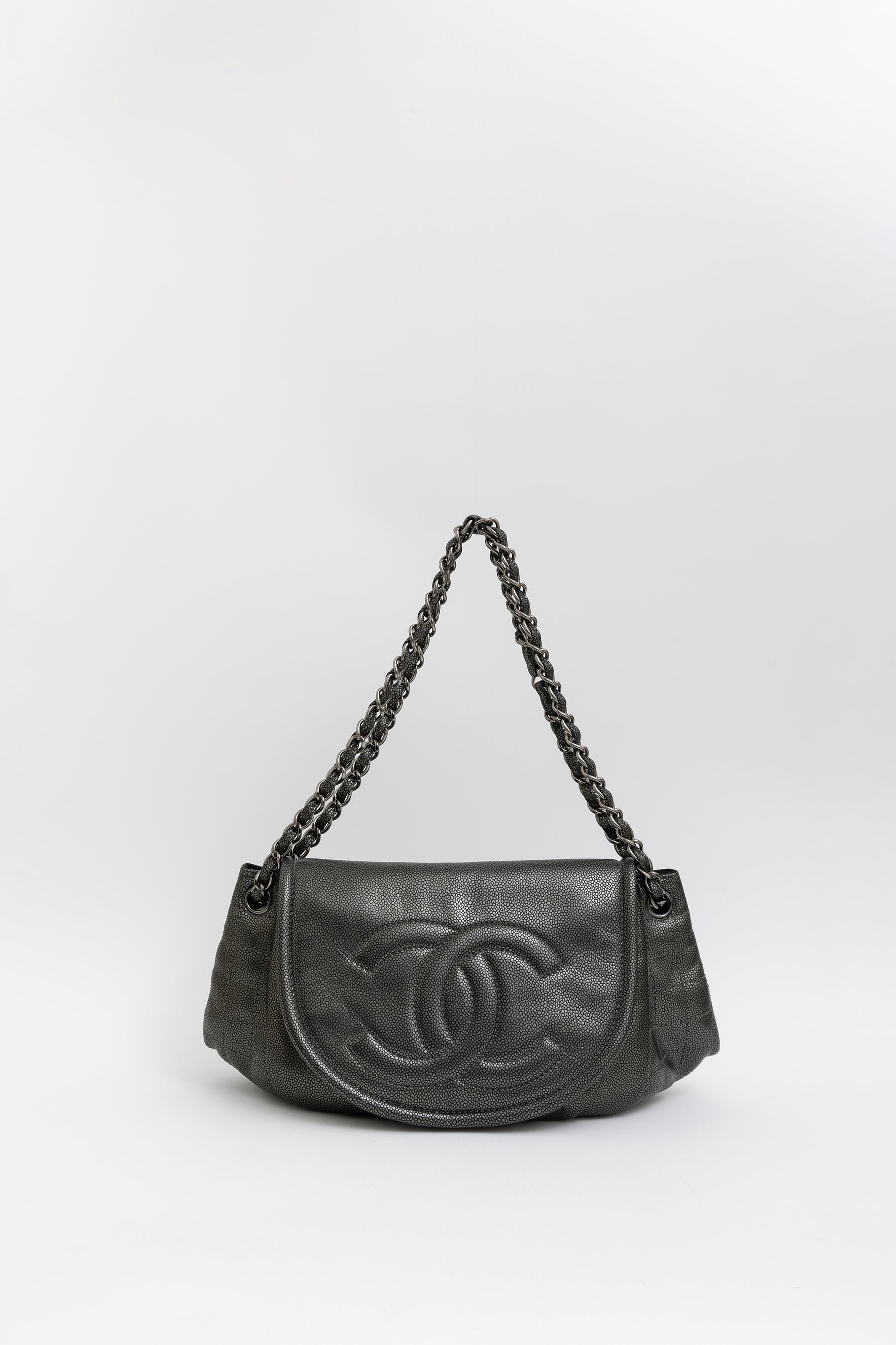 Pewter Pebbled Leather Half Moon Flap Bag
