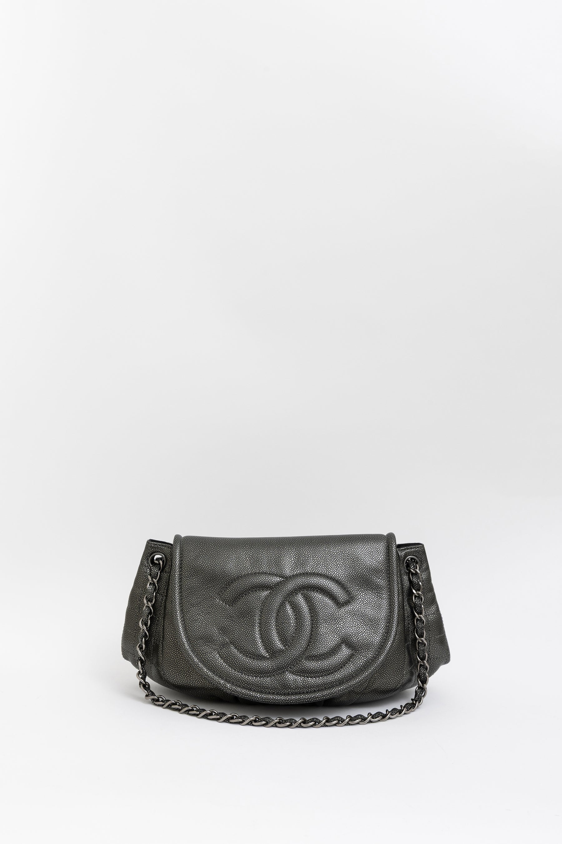 Pewter Pebbled Leather Half Moon Flap Bag