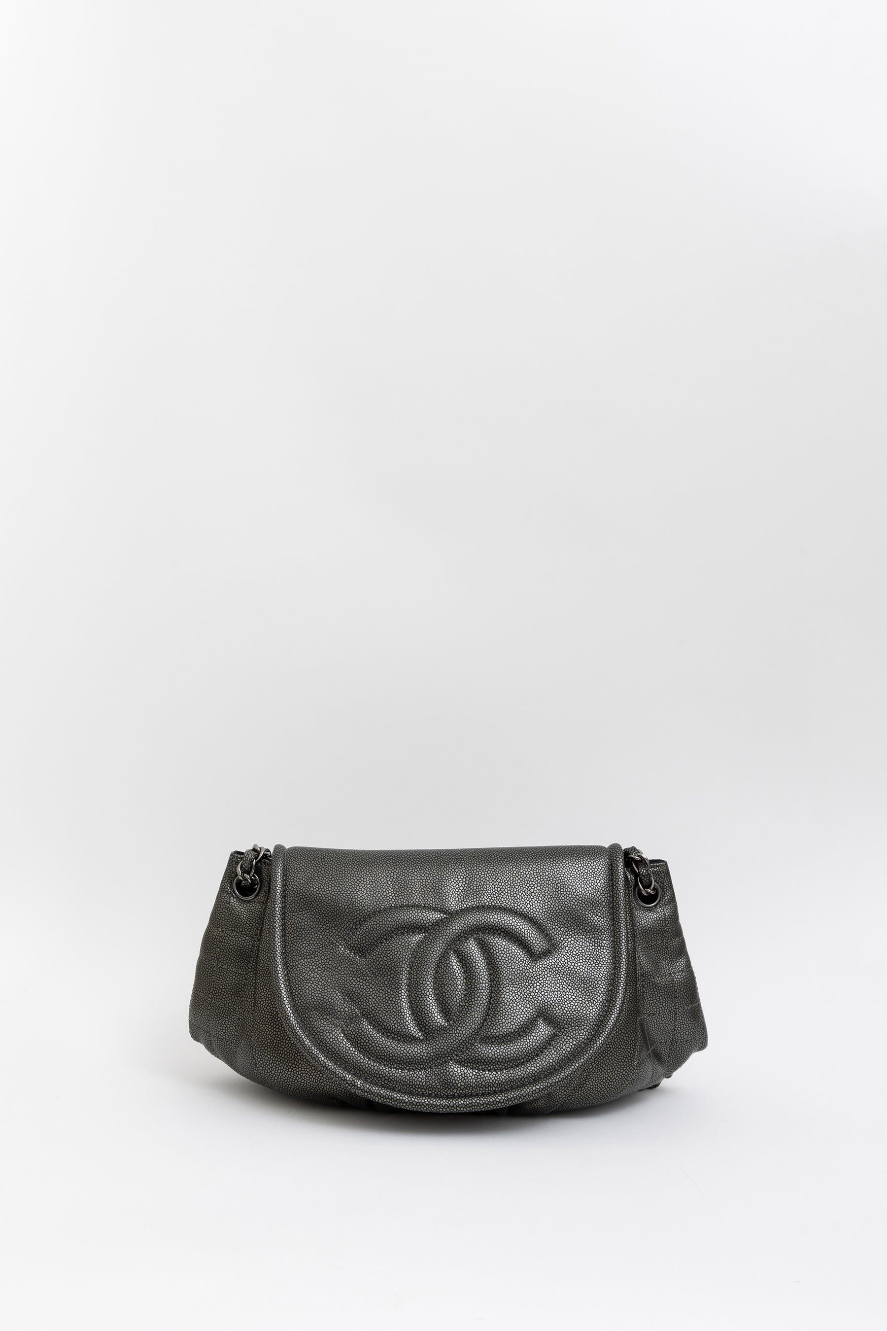 Pewter Pebbled Leather Half Moon Flap Bag