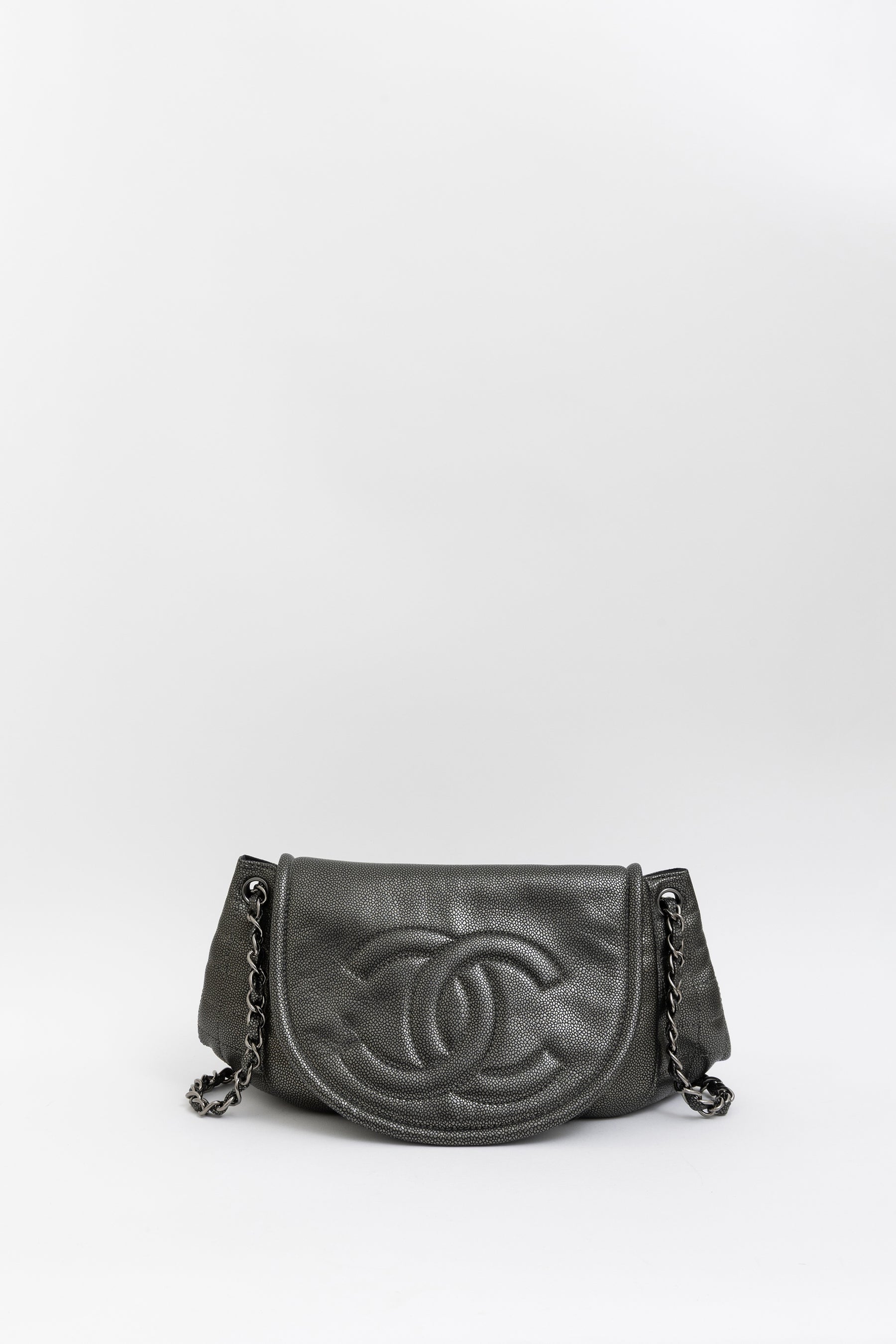 Pewter Pebbled Leather Half Moon Flap Bag