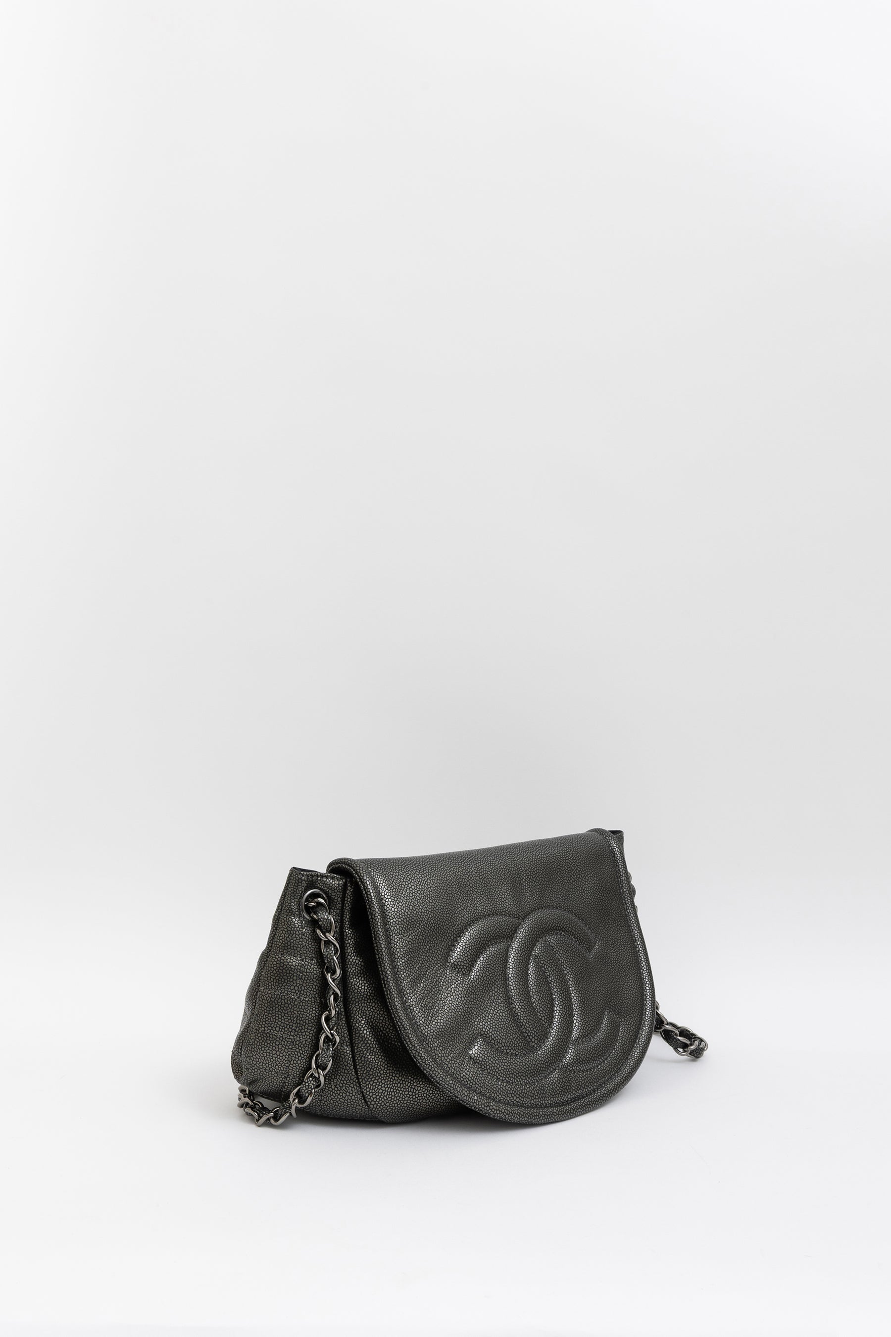 Pewter Pebbled Leather Half Moon Flap Bag
