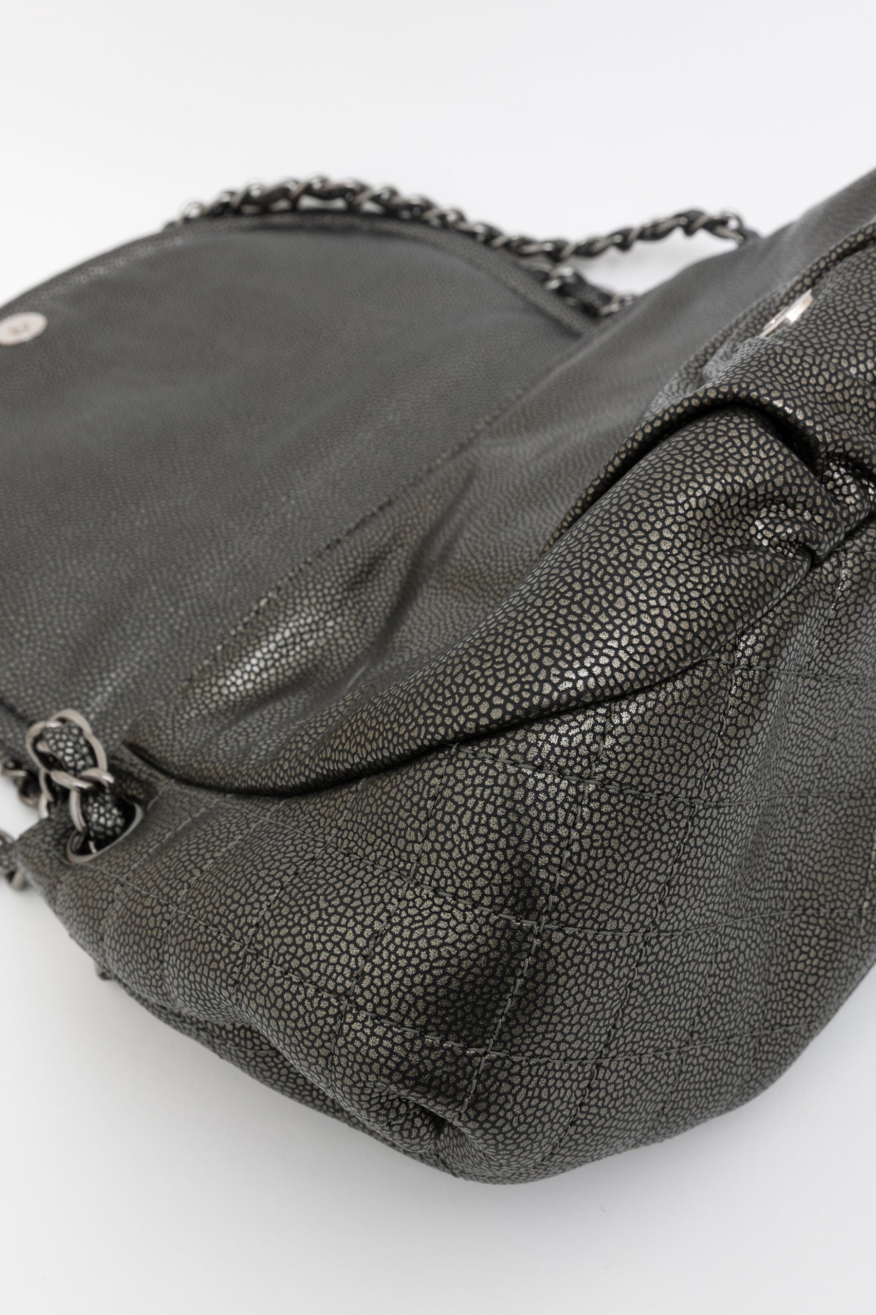 Pewter Pebbled Leather Half Moon Flap Bag