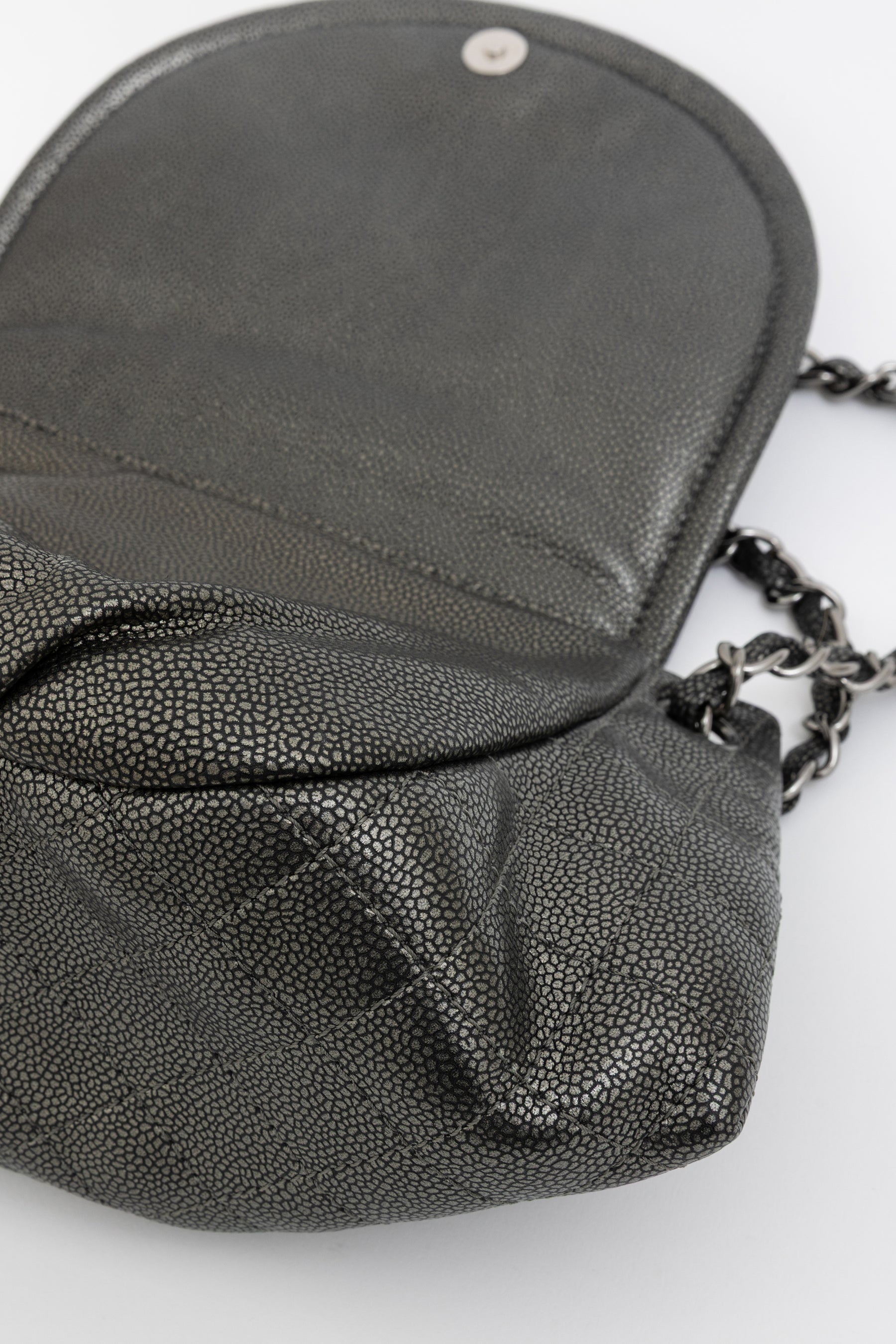 Pewter Pebbled Leather Half Moon Flap Bag