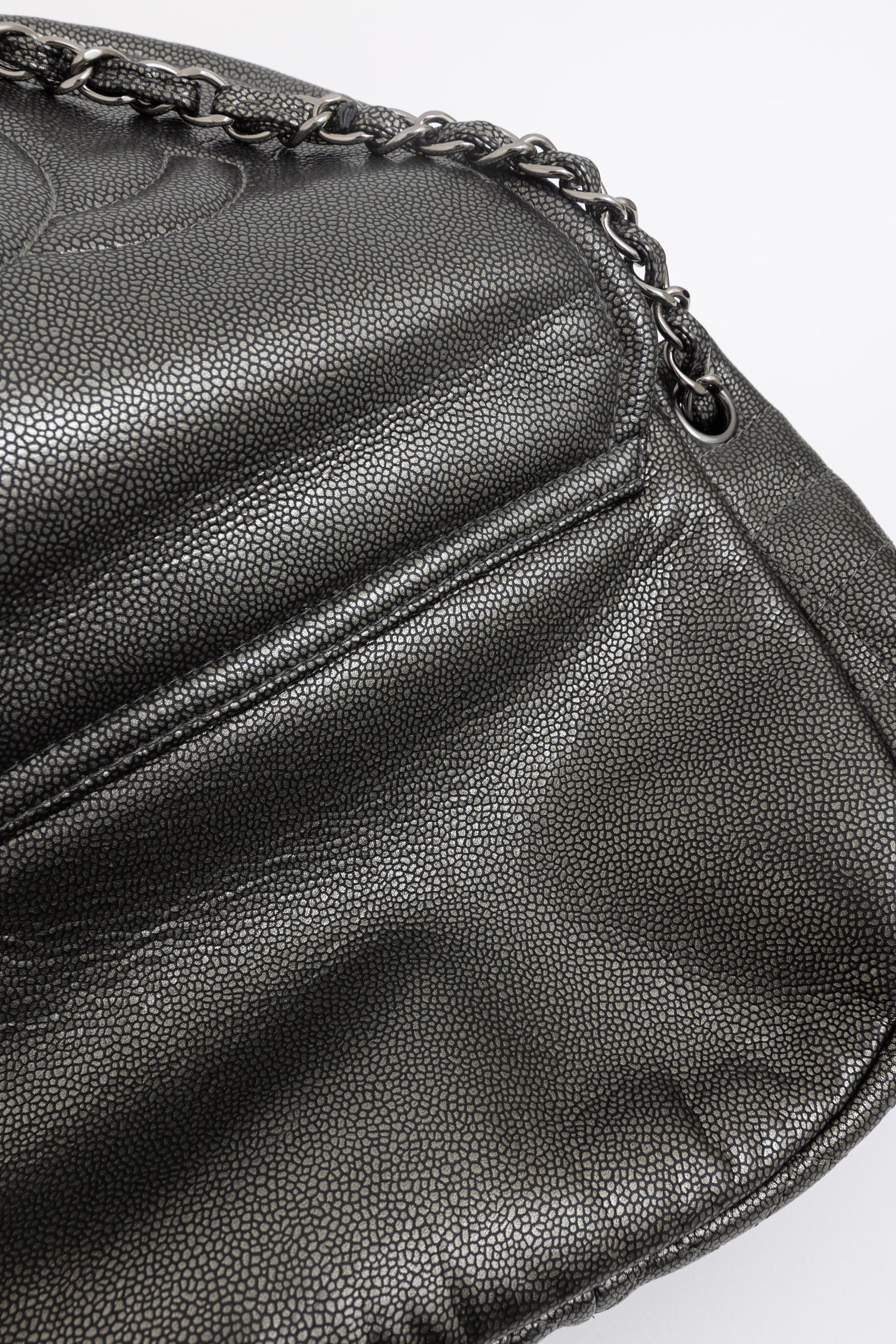 Pewter Pebbled Leather Half Moon Flap Bag