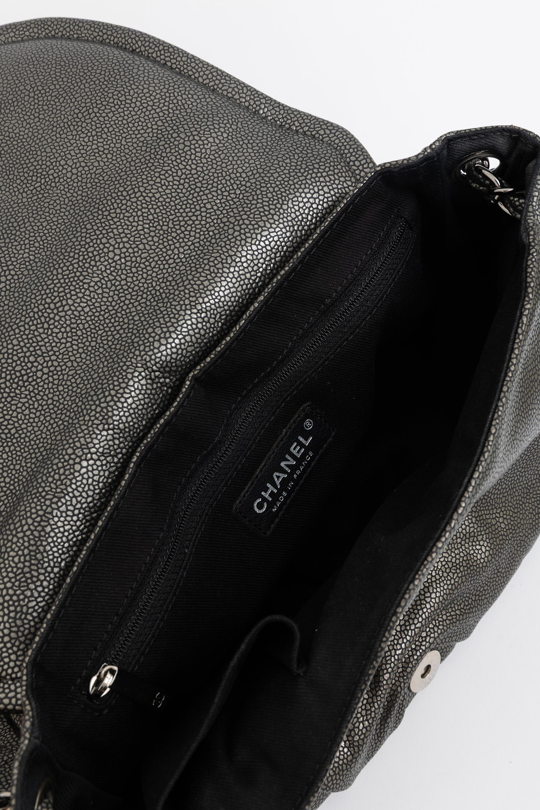 Pewter Pebbled Leather Half Moon Flap Bag