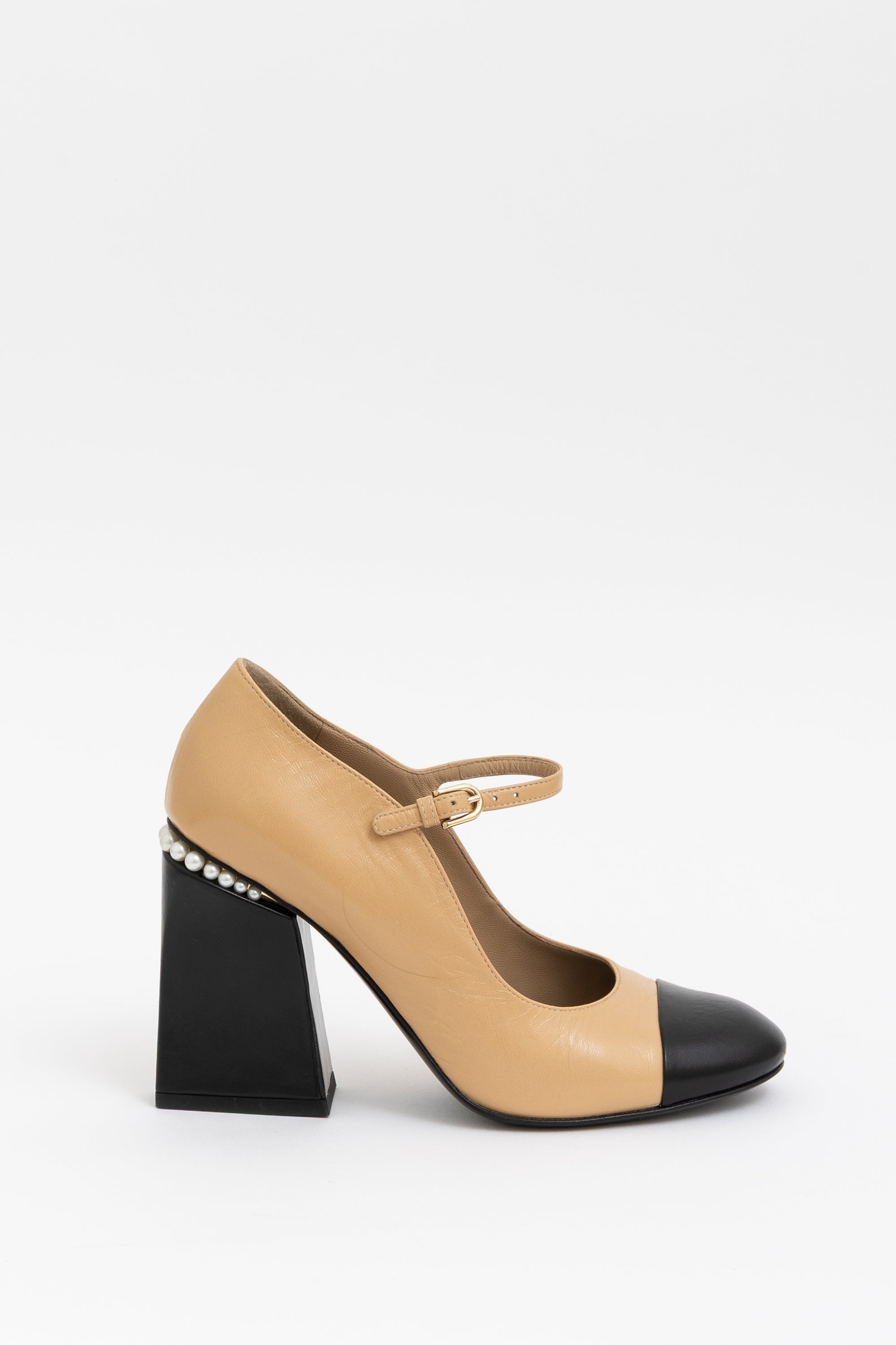 Chanel Beige and Black Leather Mary Jane Heels