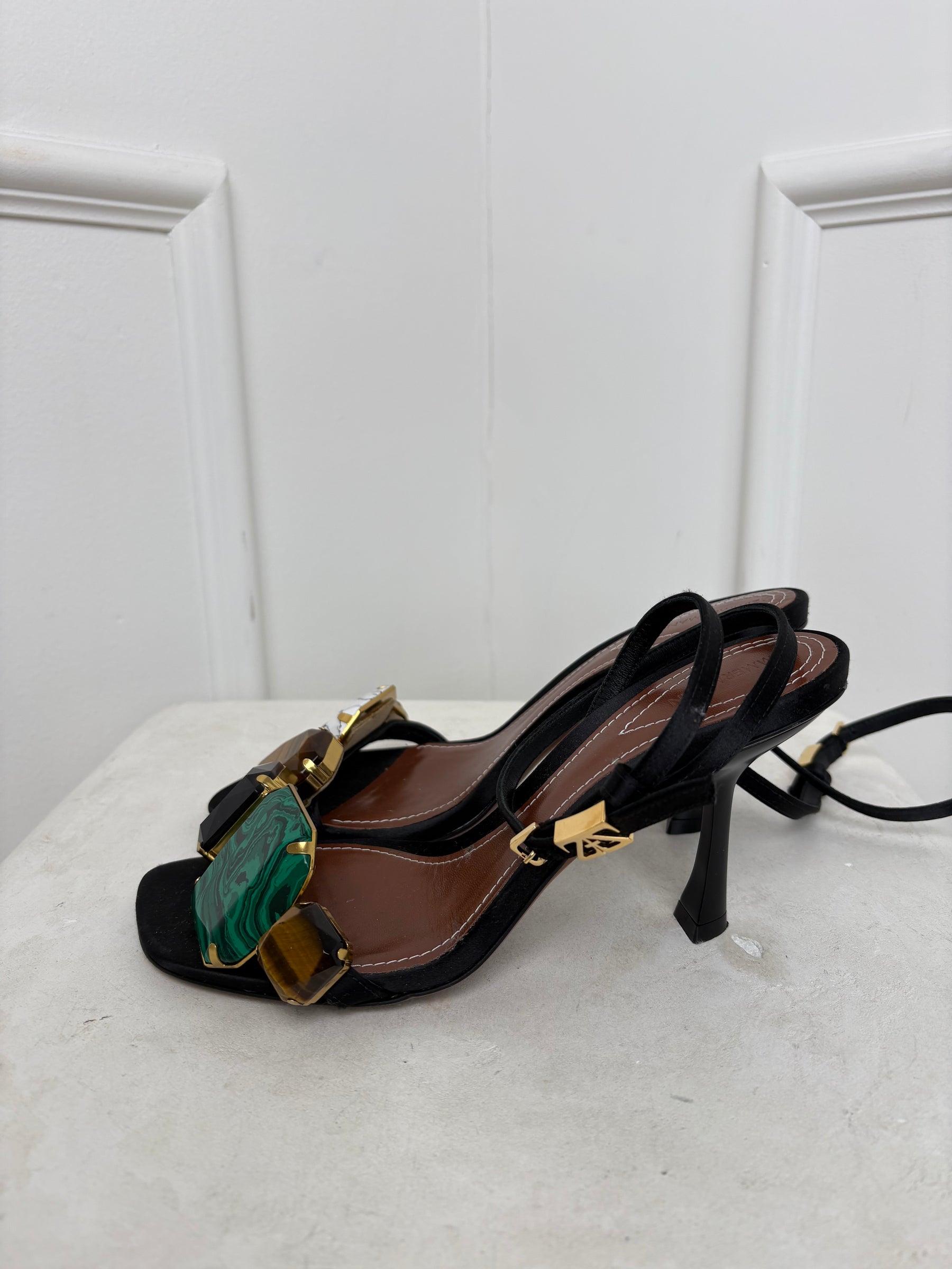 Zimmermann Black Leather Stone Embellished Ankle Tie Heels, 39