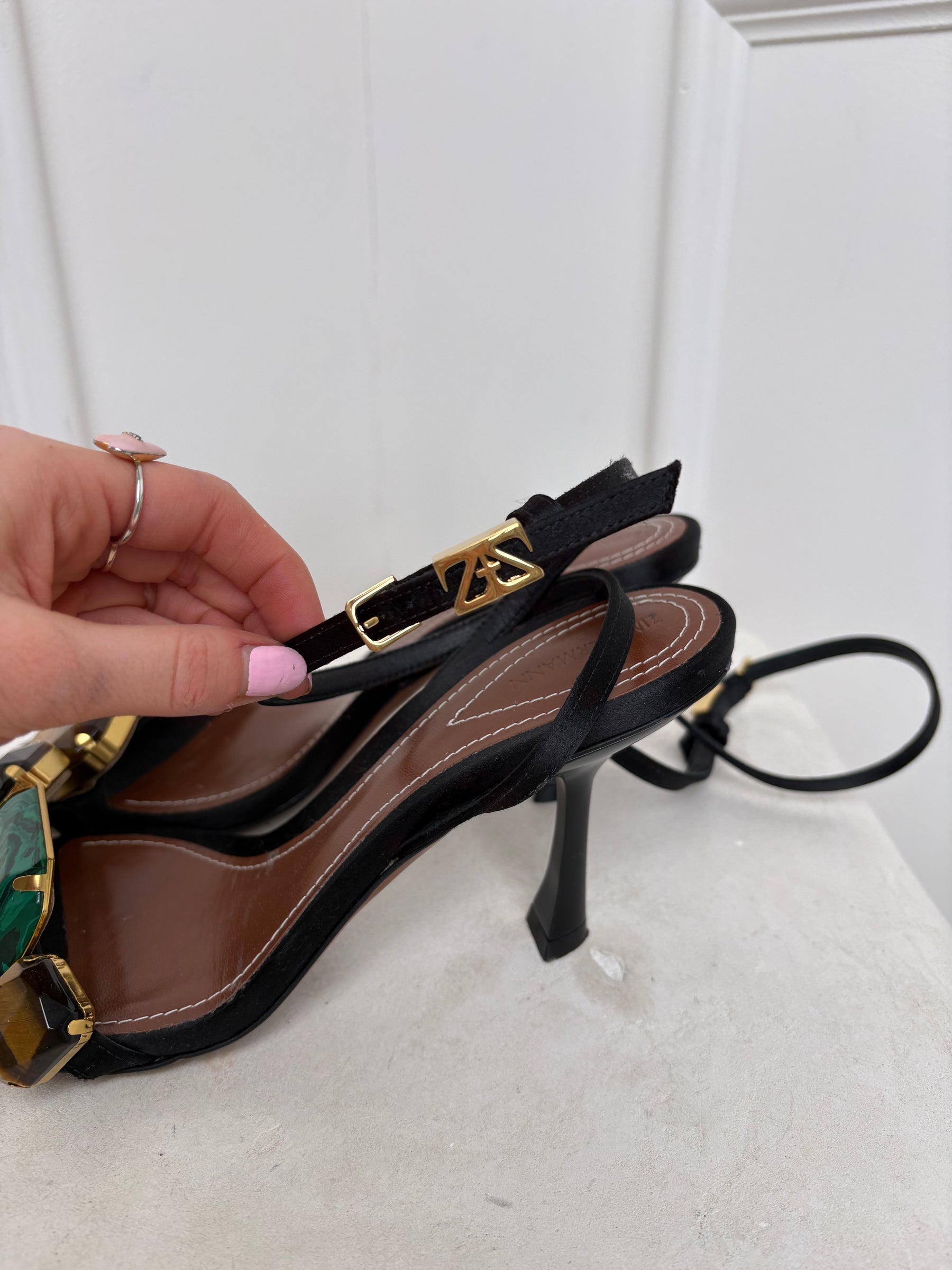 Zimmermann Black Leather Stone Embellished Ankle Tie Heels, 39