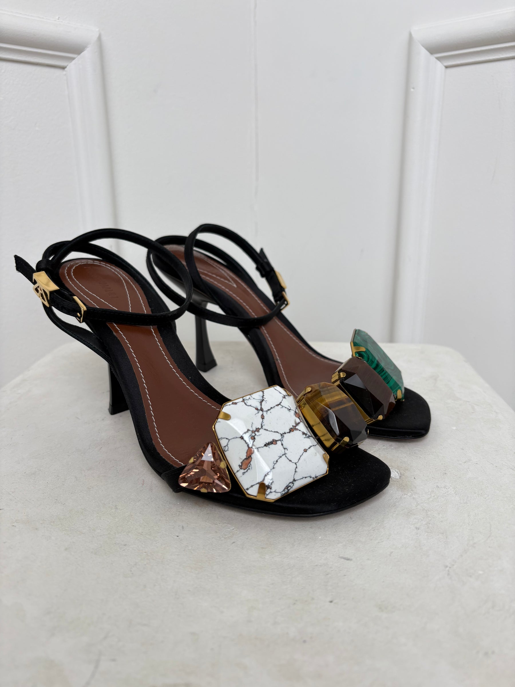 Zimmermann Black Leather Stone Embellished Ankle Tie Heels, 39