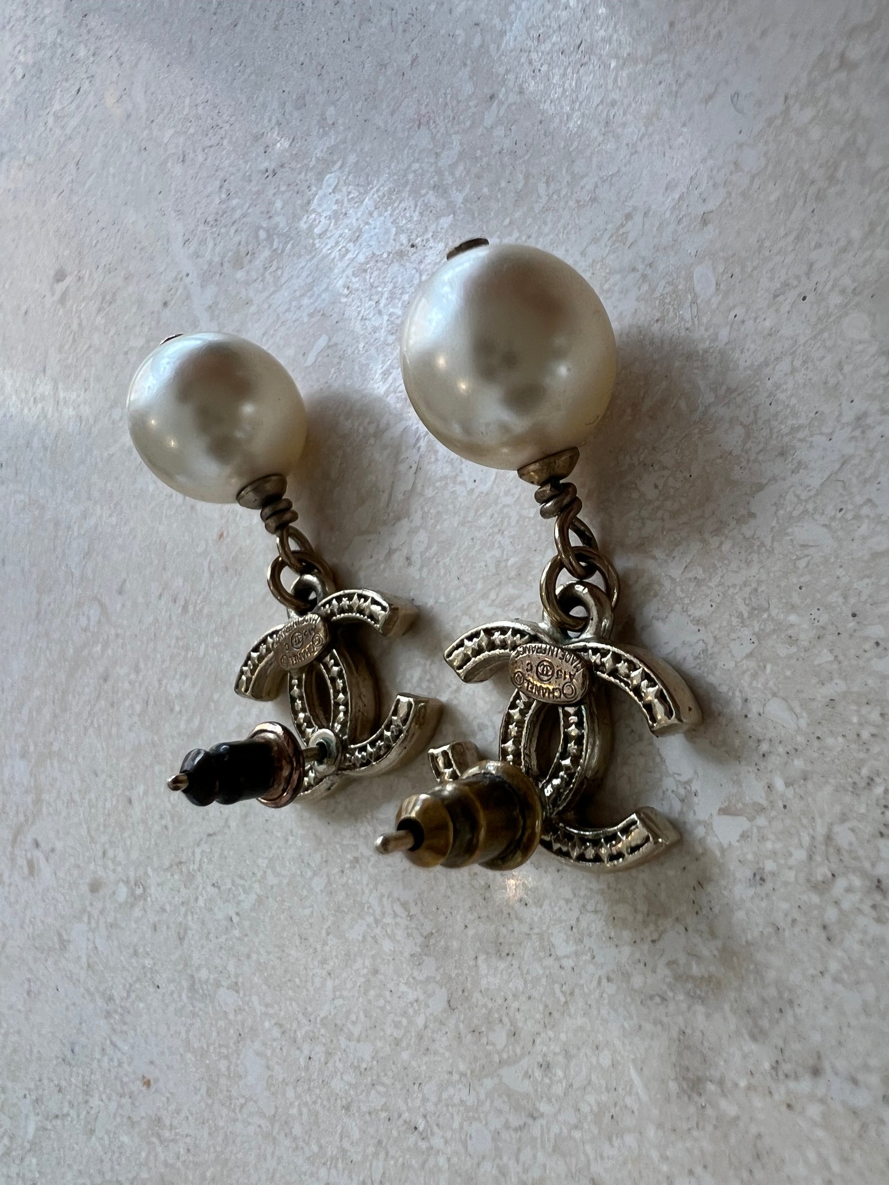 Chanel Pearl Drop Earrings Gold Tone Hardware