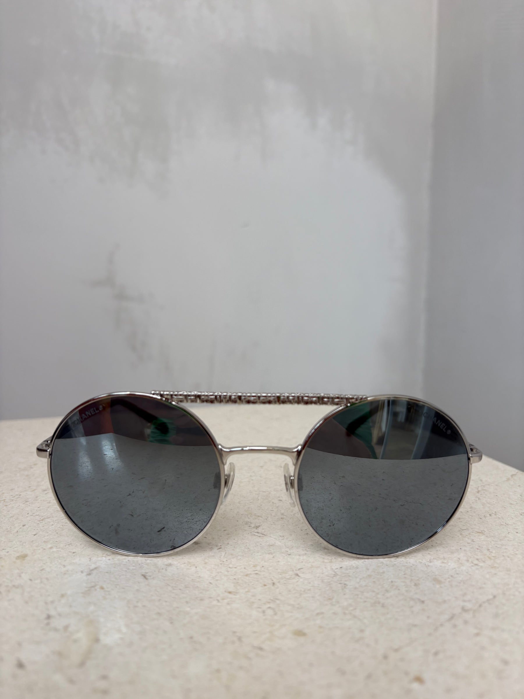 Chanel Silver Mirrored Round Aviator Sunglasses