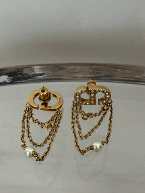 Dior Gold Tone Chain Logo Earrings
