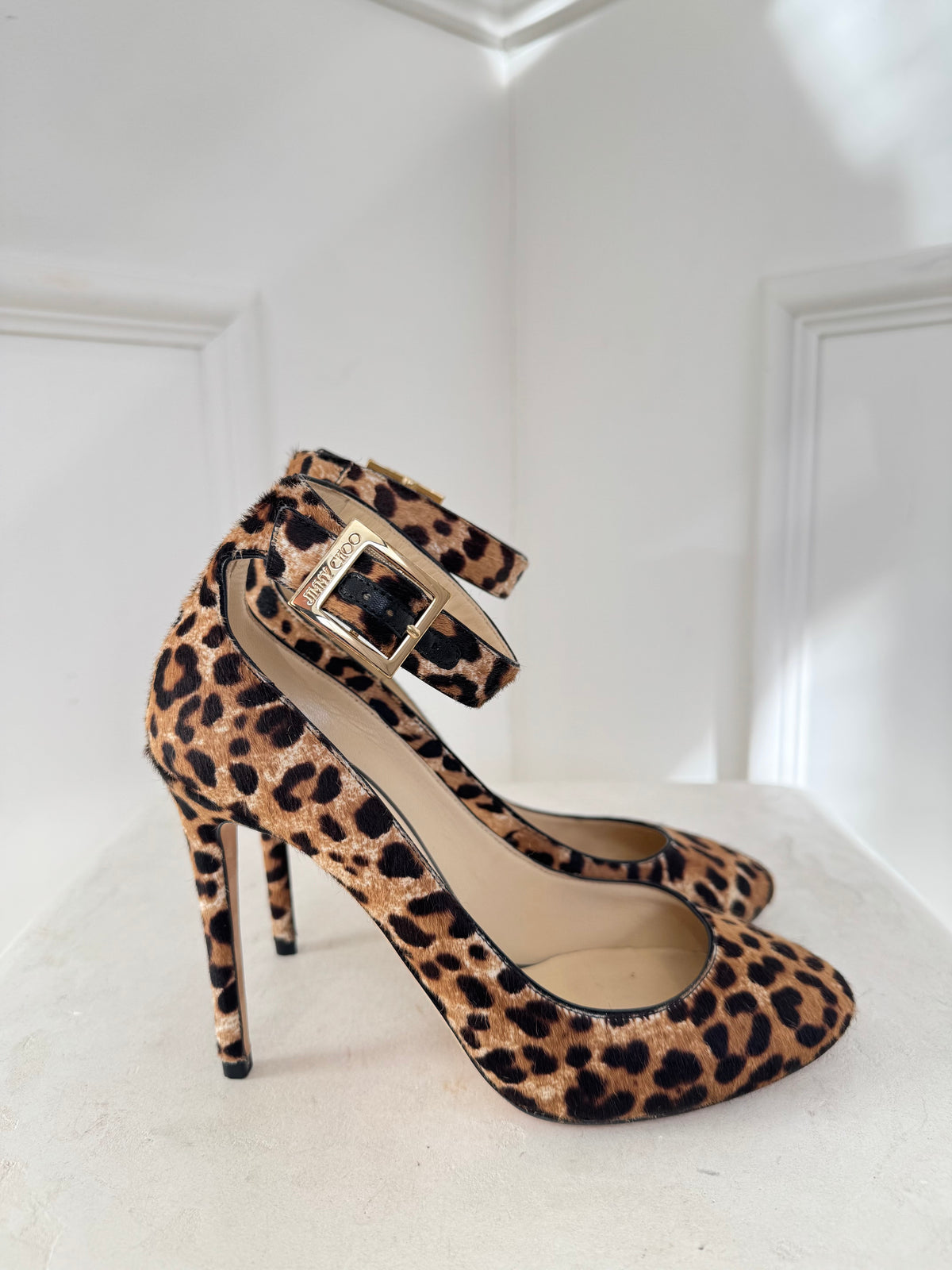 Jimmy Choo Helena Leopard Print Pony Hair Ankle Strap Heels, 38