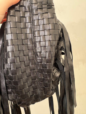 Bottega Veneta Black Intrecciato Fringed Leather Shoulder Bag