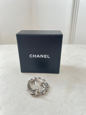 Chanel Enamel Pearl CC Camellia Badge Brooch Silver Black Red