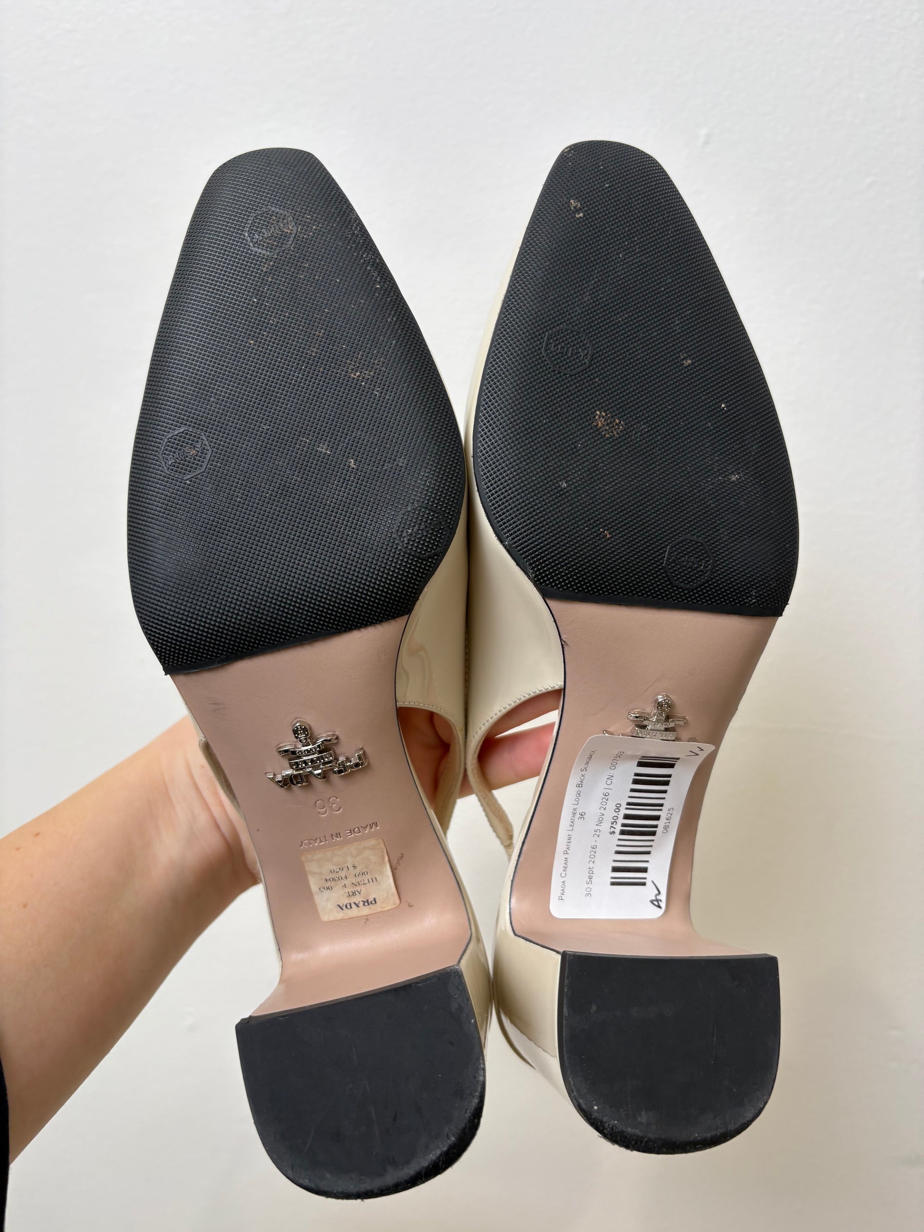 Prada Cream Patent Leather Logo Back Slingback, 36