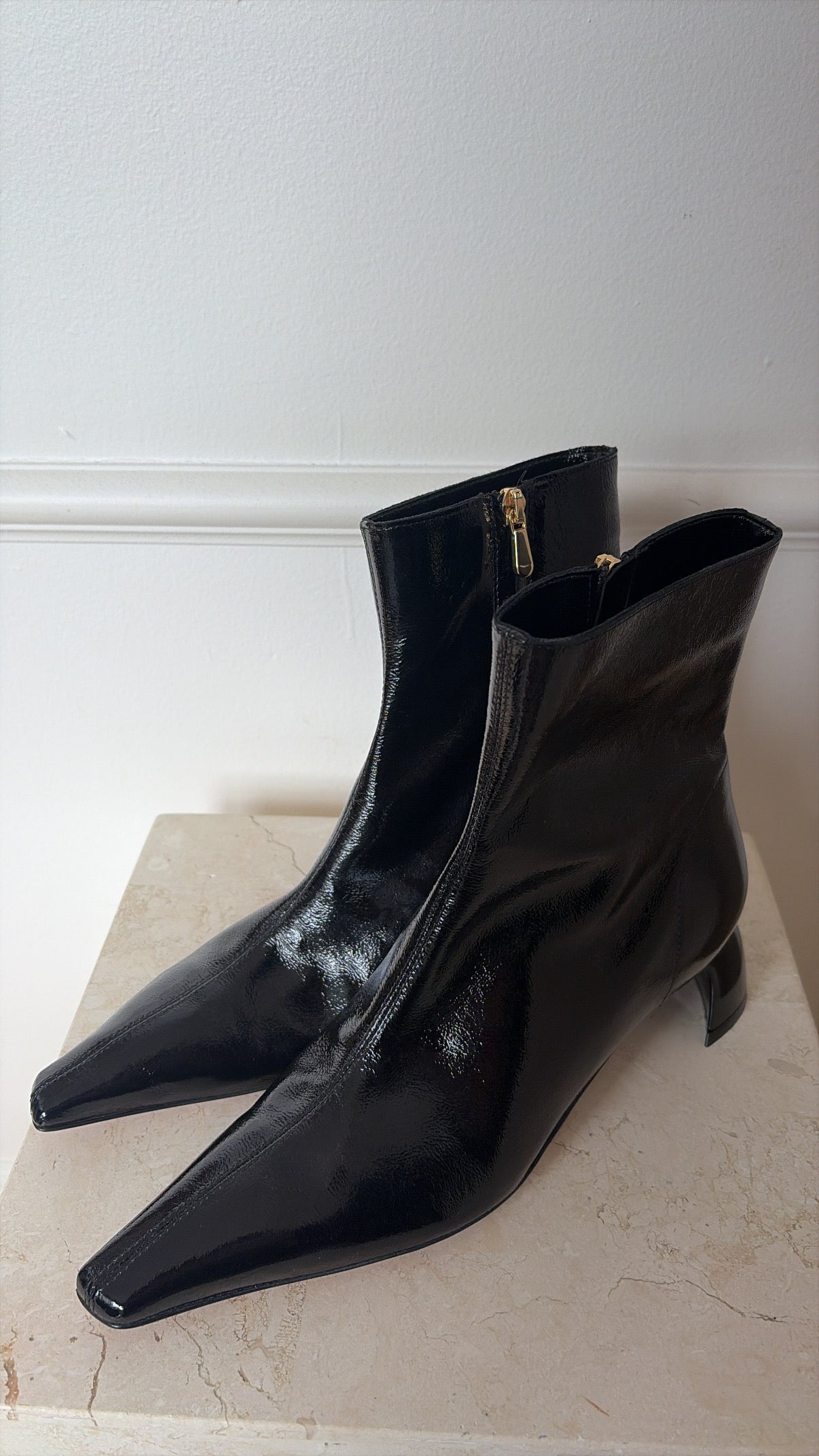 Tibi Black Patent Leather Pointed Ankle Boot, 37.5