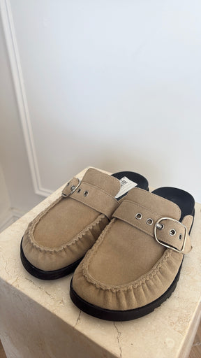Hermès Beige Suede Key Mules, 38