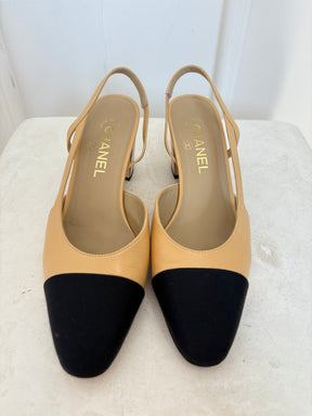 Chanel Beige Leather and Black Slingbacks, 39
