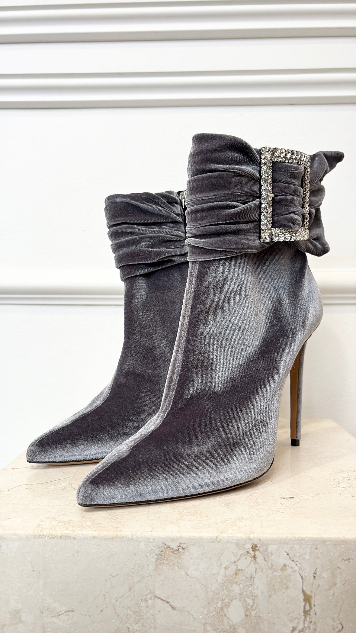 Alexandre Vauthier Grey Velvet Crystal Buckle Heeled Ankle Boots, 41
