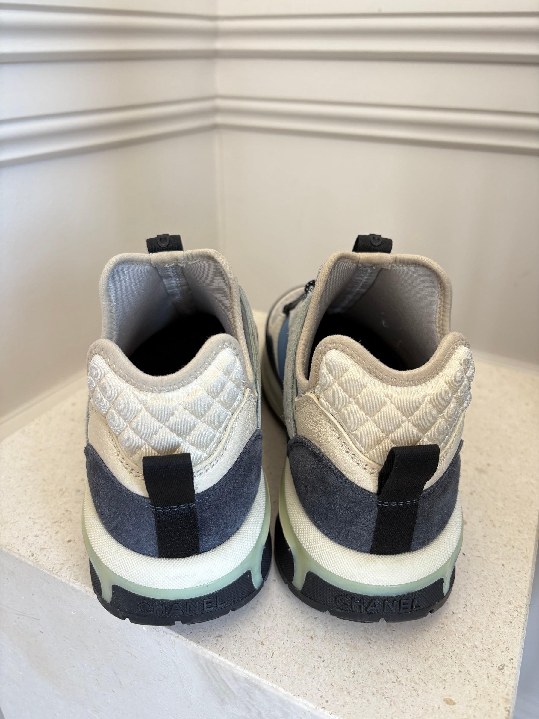 Chanel Navy and Sage Logo Trainers, 38