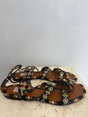 Valentino Garavani Black Yellow and Red Studded Strappy Sandals, 38