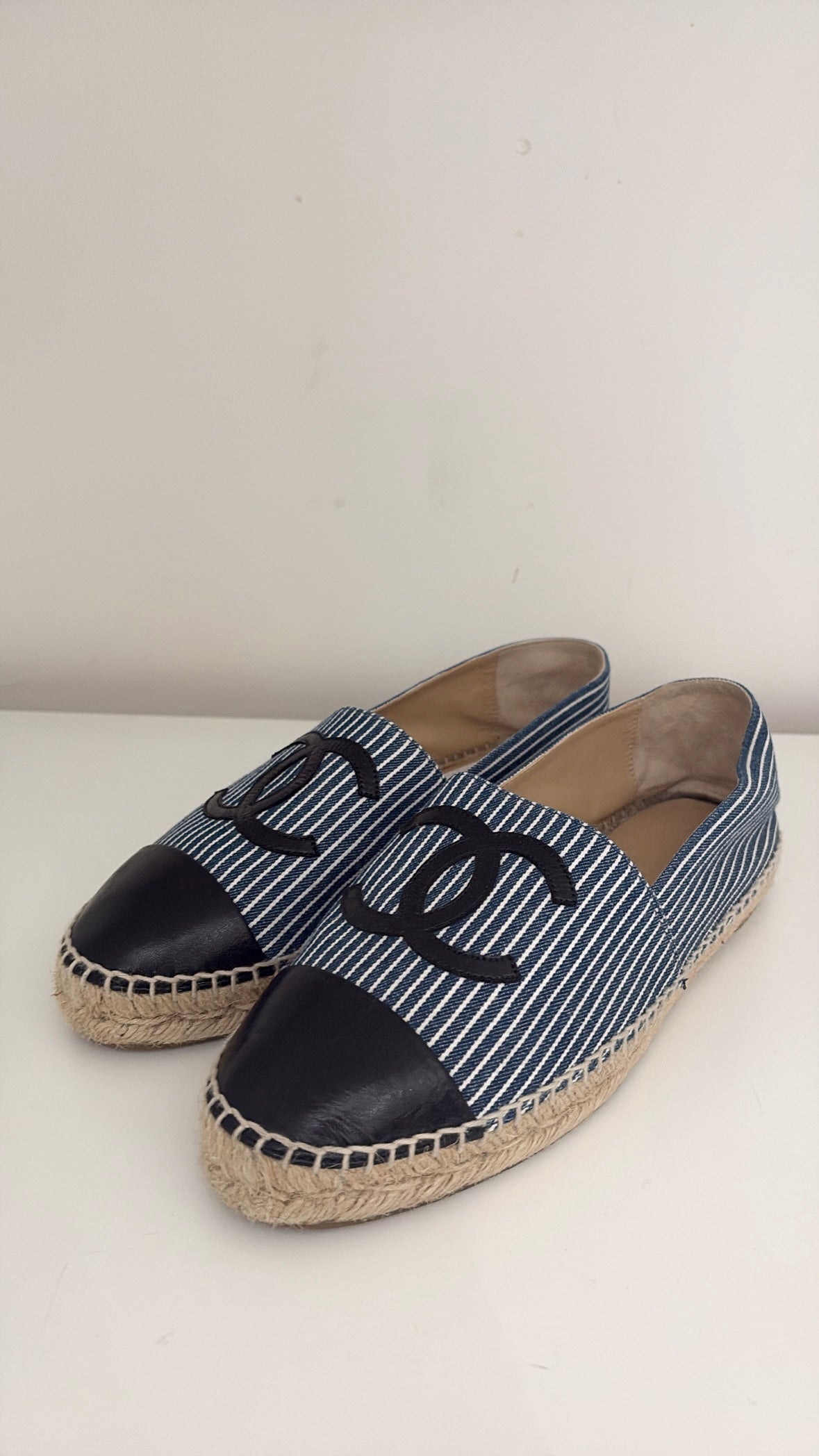 Chanel Blue and White Canvas Striped Logo Espadrilles, 39