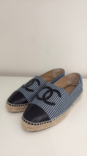 Chanel Blue and White Canvas Striped Logo Espadrilles, 39