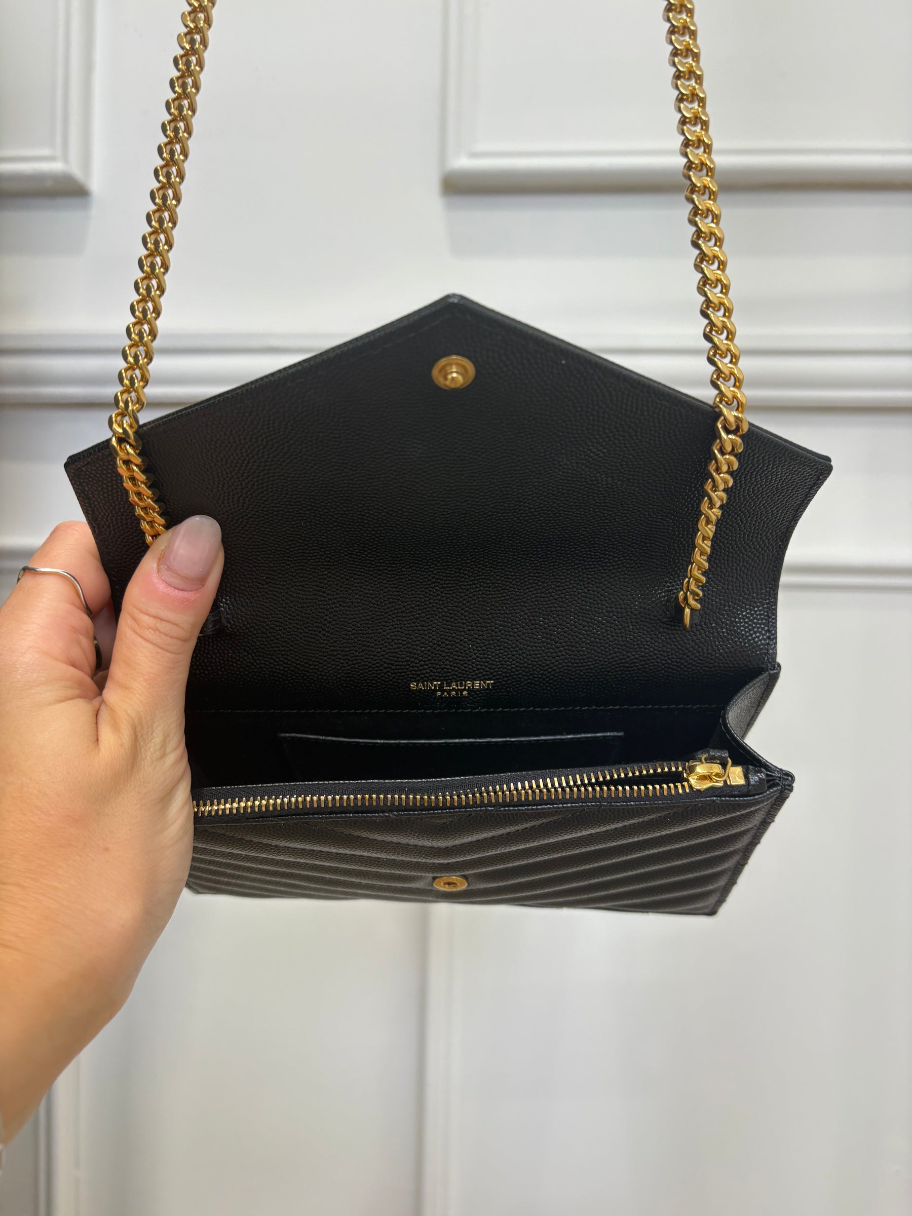 Saint Laurent Black Chevron Quilted Envelope Chain Wallet