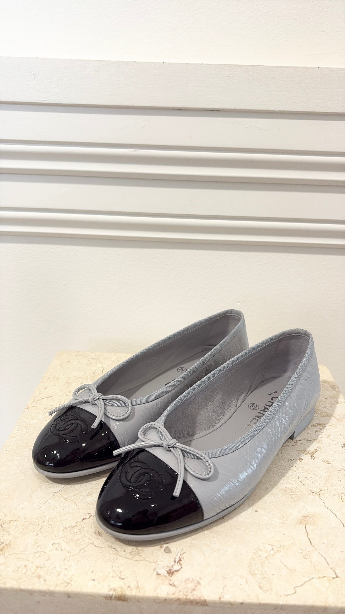 Chanel Grey Crinkled Leather Ballet Flats with Black Patent Cap, 37.5