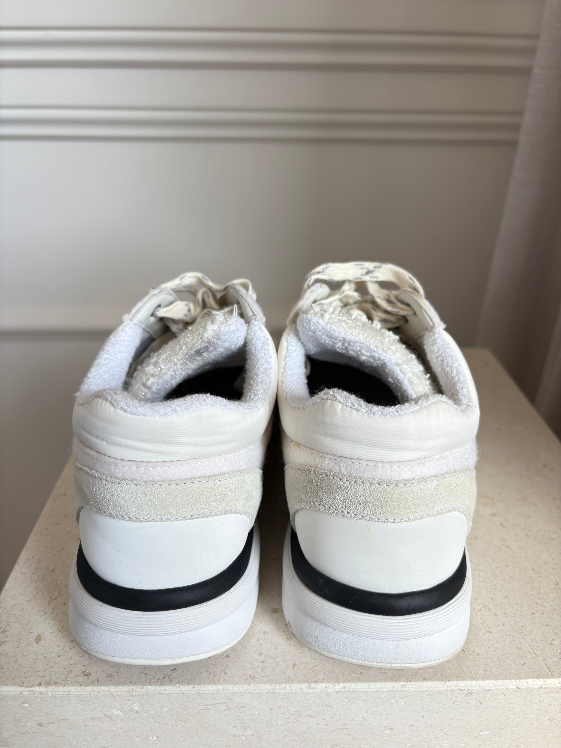 Chanel White Suede and Tweed Logo Sneakers, 38.5