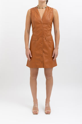 Menphi Vegan Leather V Neck Mini Dress