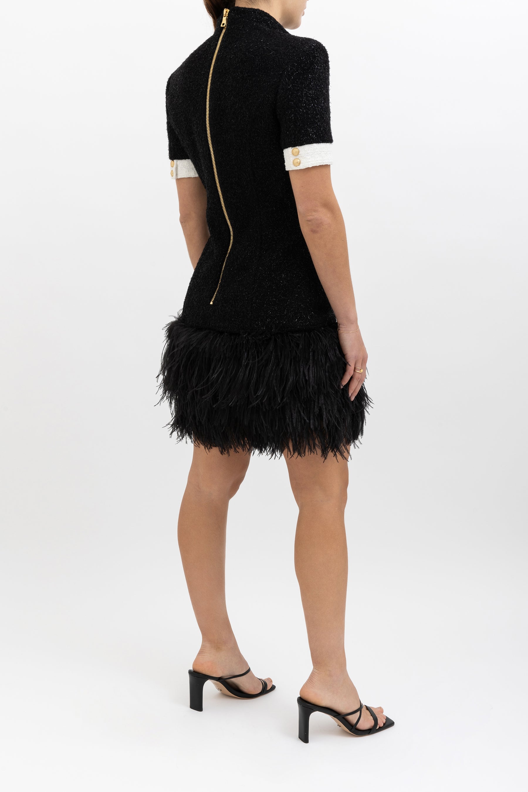 Feather Hem Tweed Mini Dress