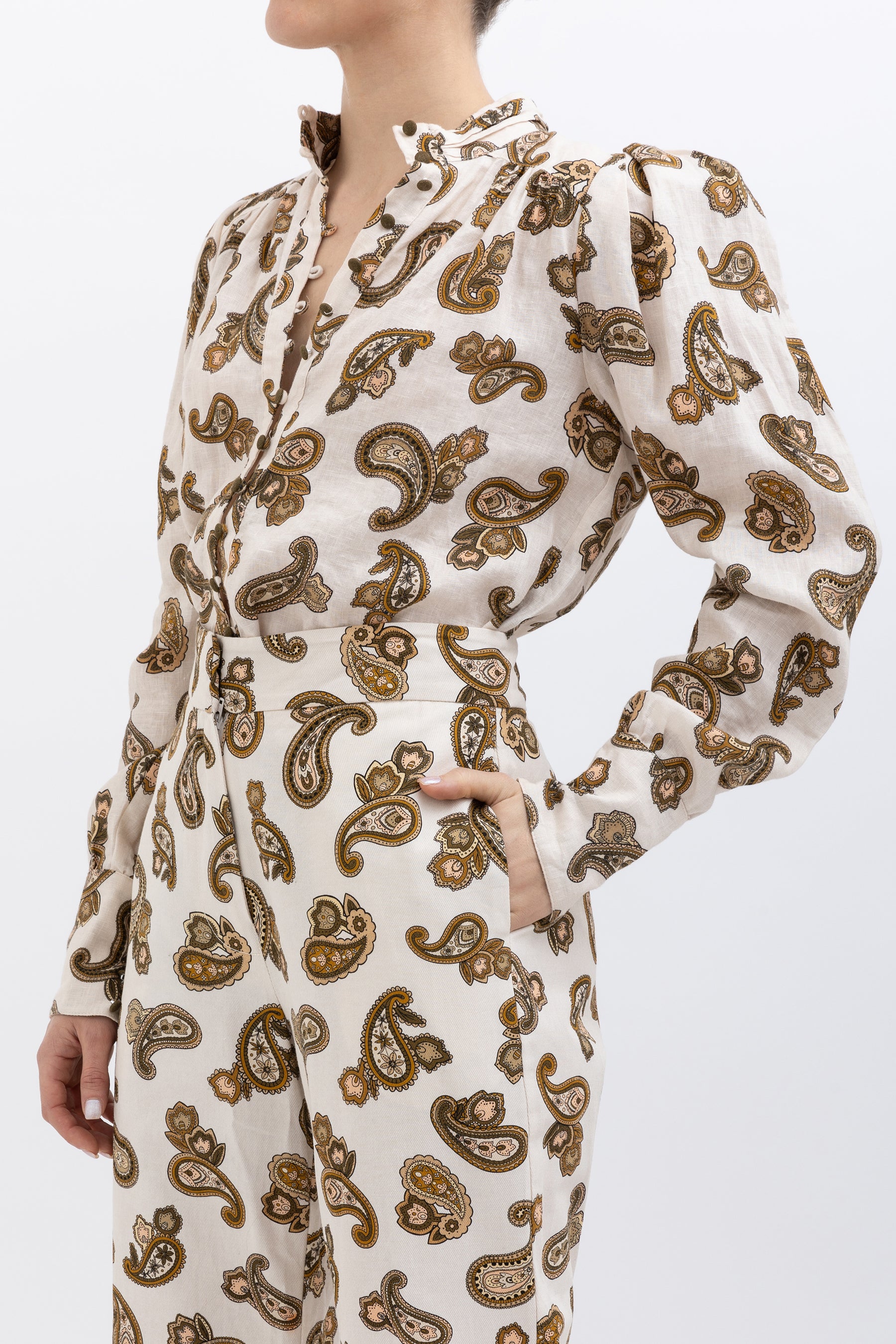 Mia Paisley Puff Blouse and Cropped Pant Set
