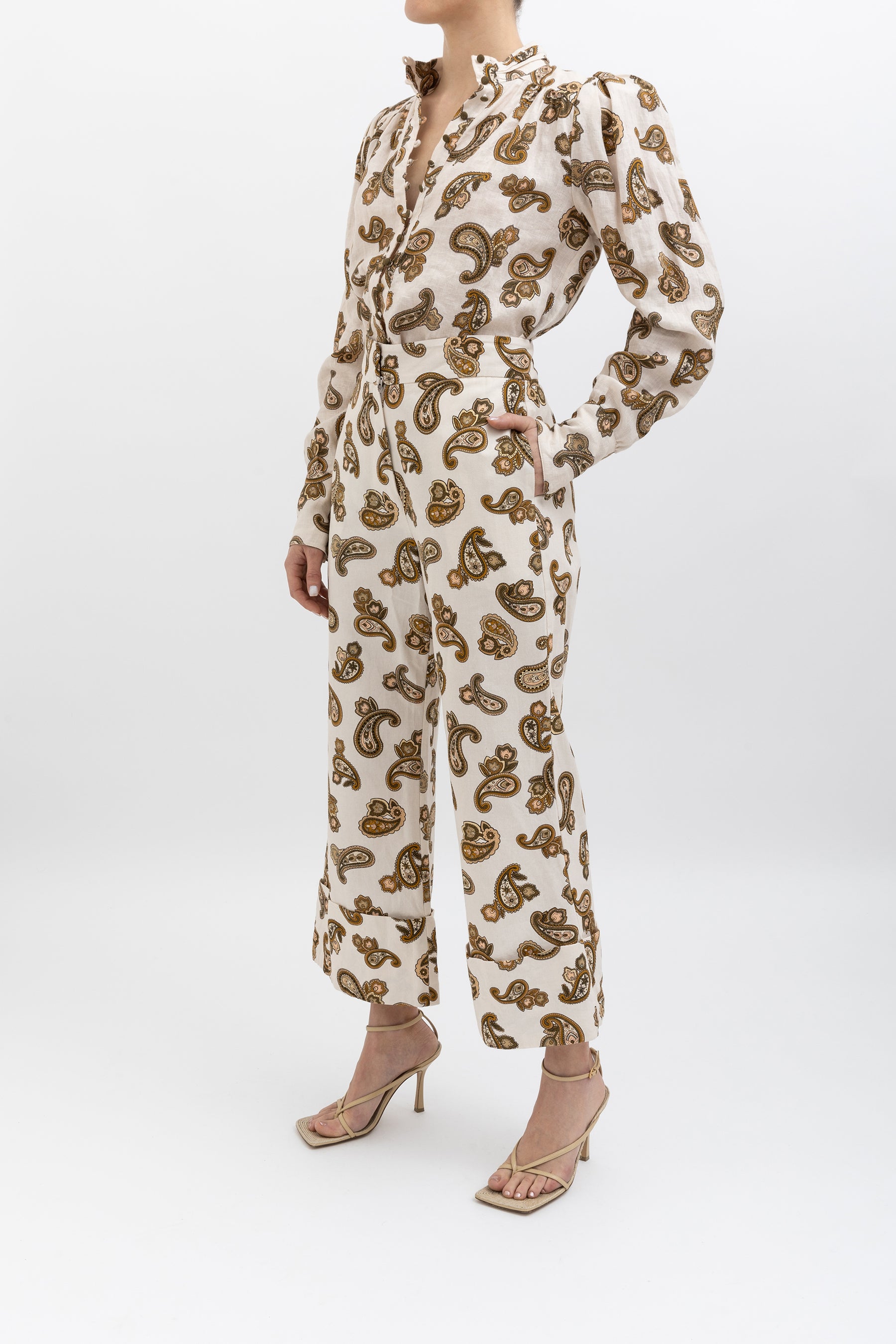 Mia Paisley Puff Blouse and Cropped Pant Set