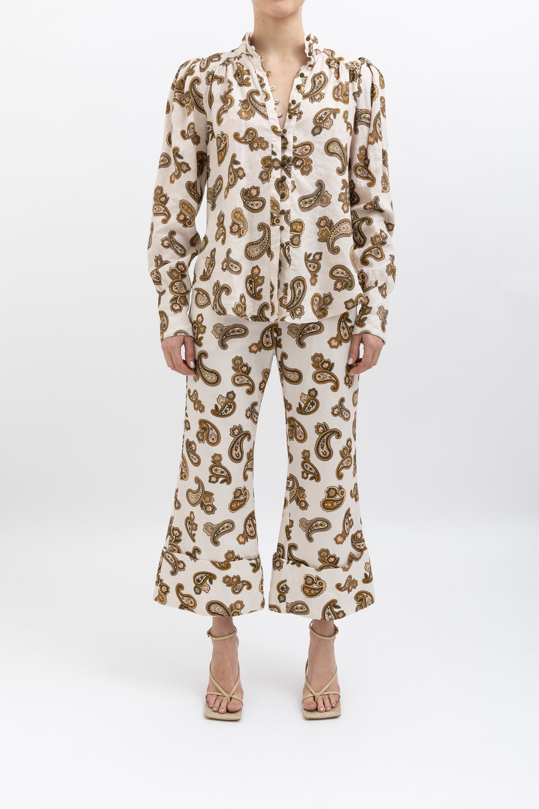 Mia Paisley Puff Blouse and Cropped Pant Set
