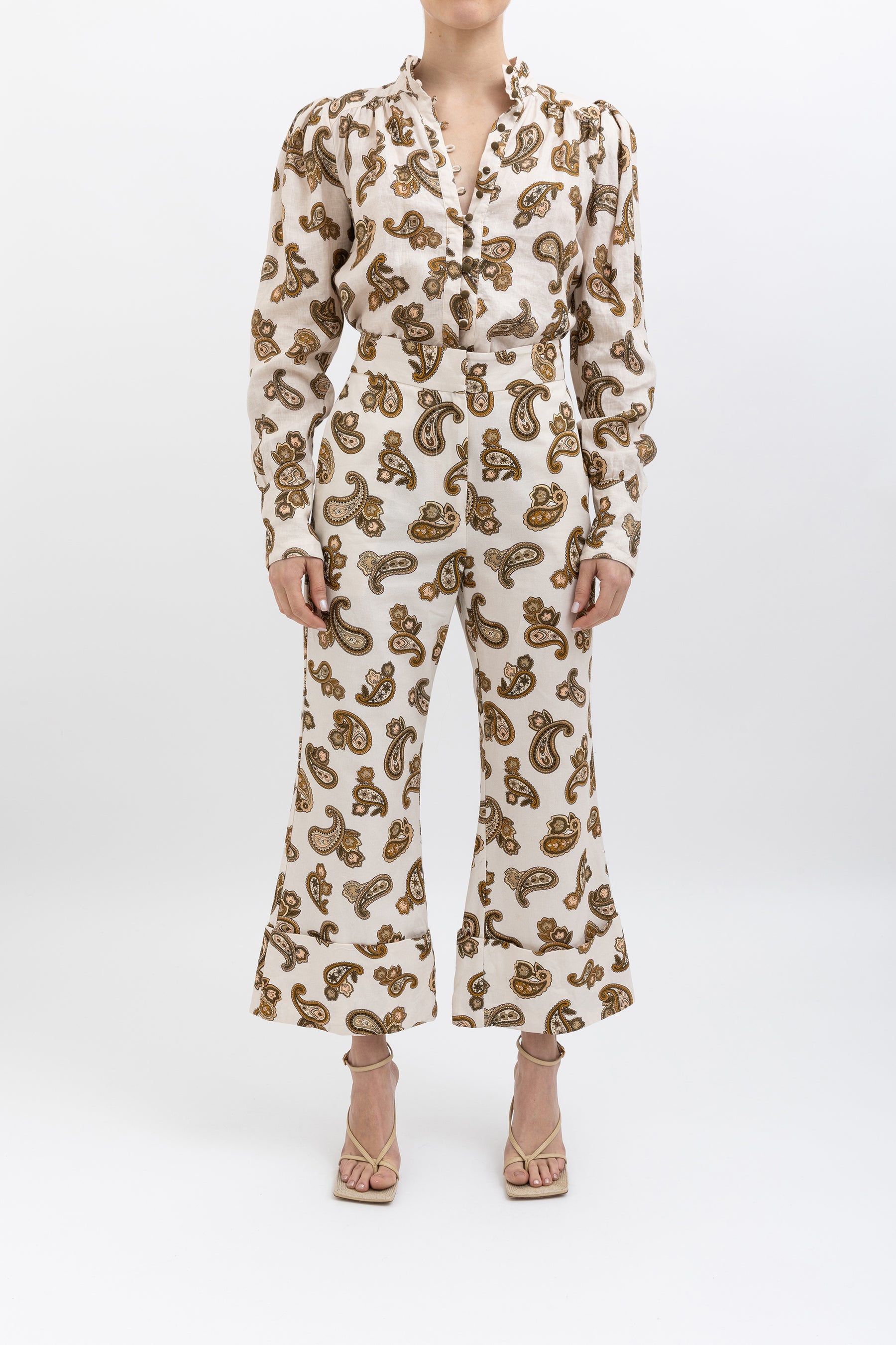 Mia Paisley Puff Blouse and Cropped Pant Set
