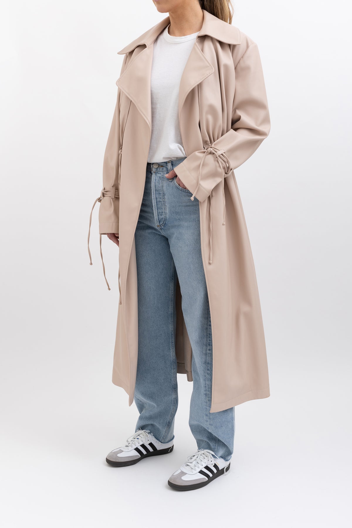 Ruched Faux Leather Trench Coat