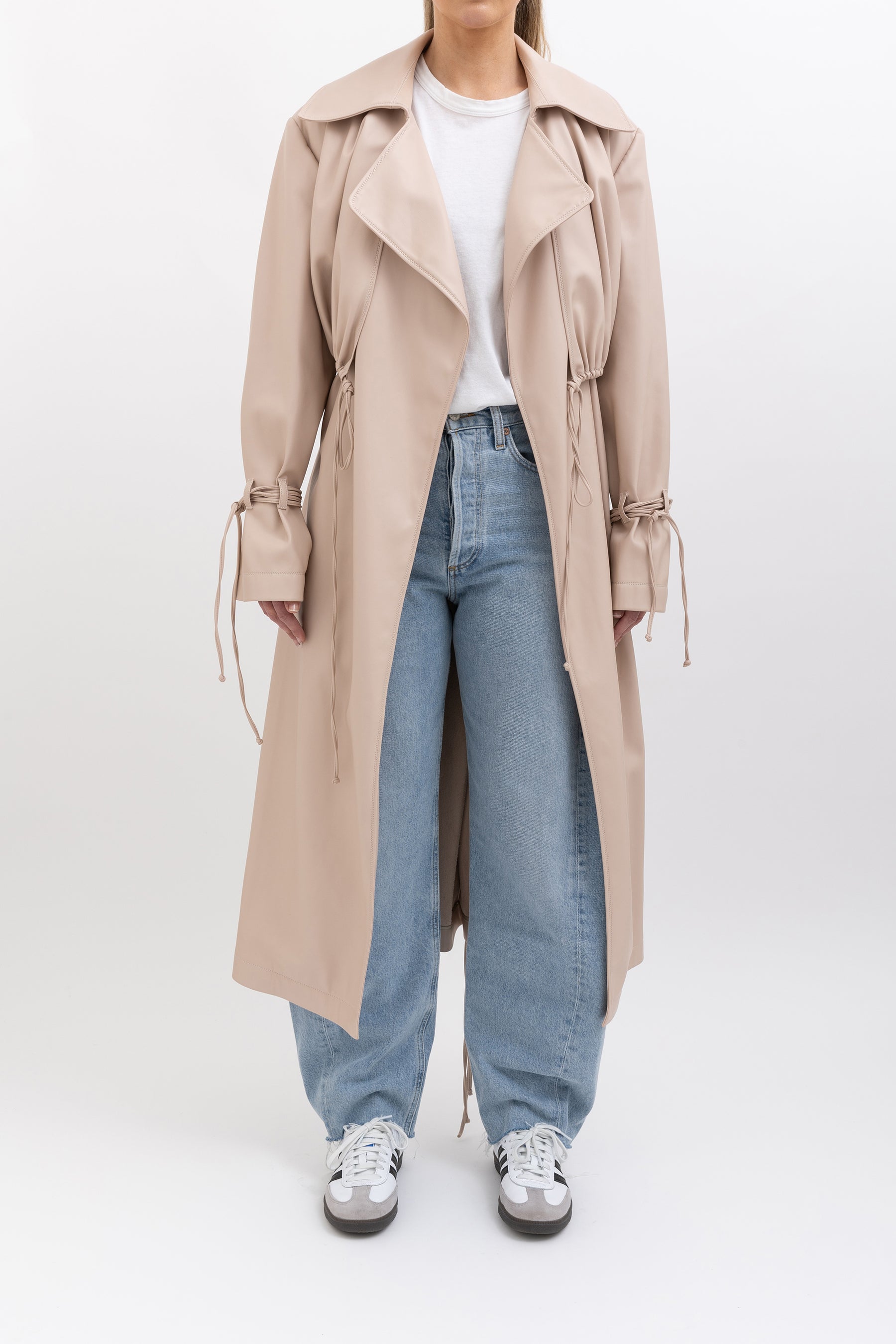 Ruched Faux Leather Trench Coat