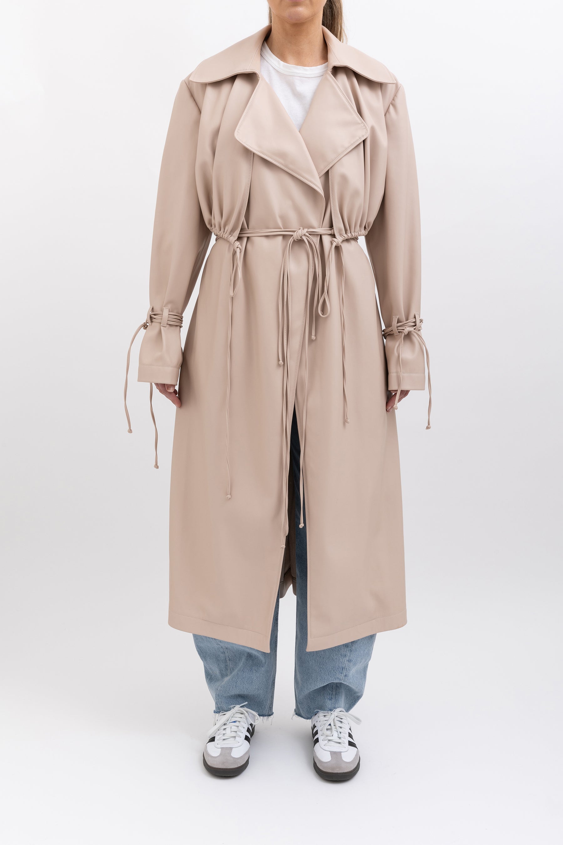 Ruched Faux Leather Trench Coat