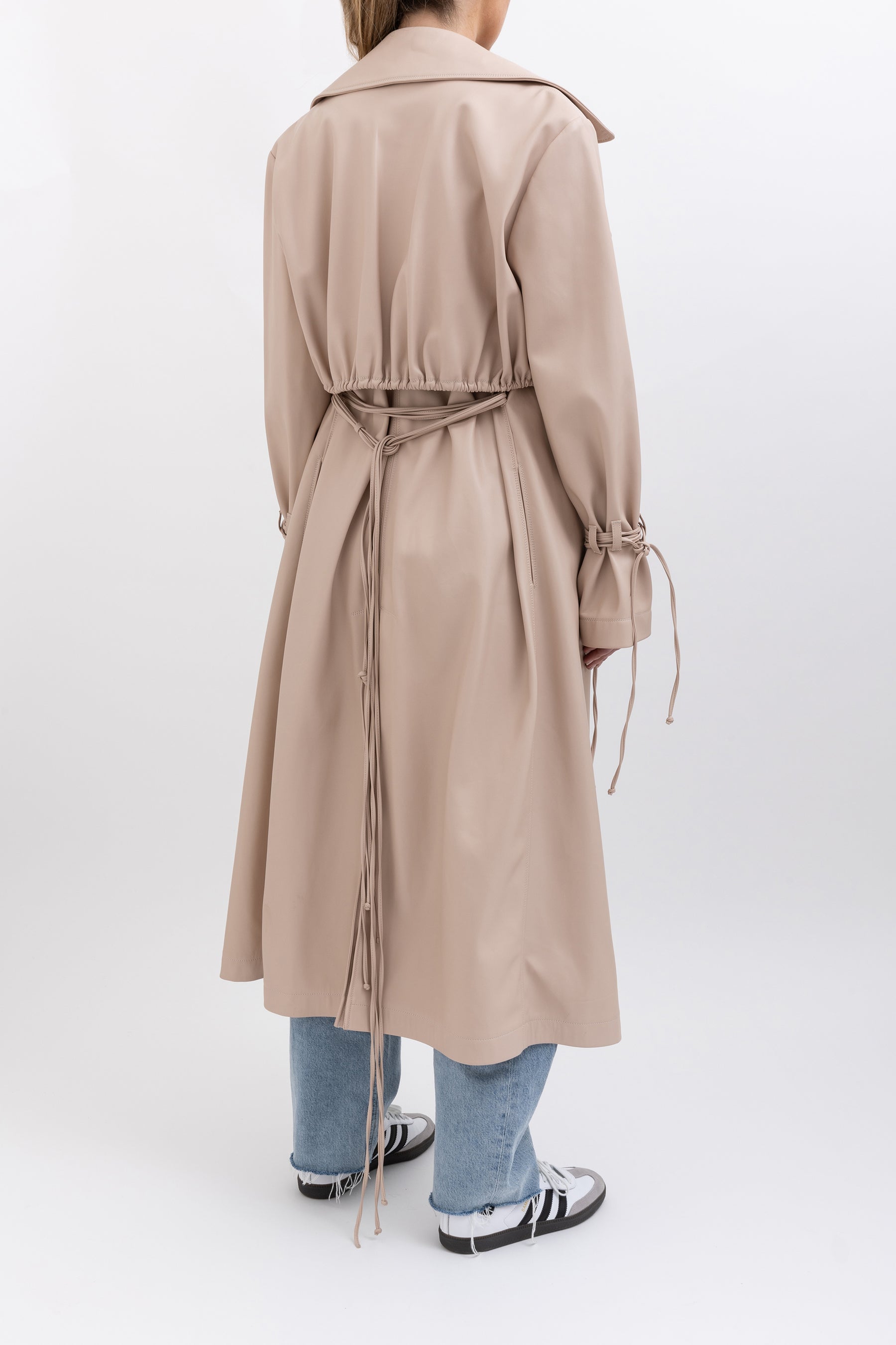 Ruched Faux Leather Trench Coat