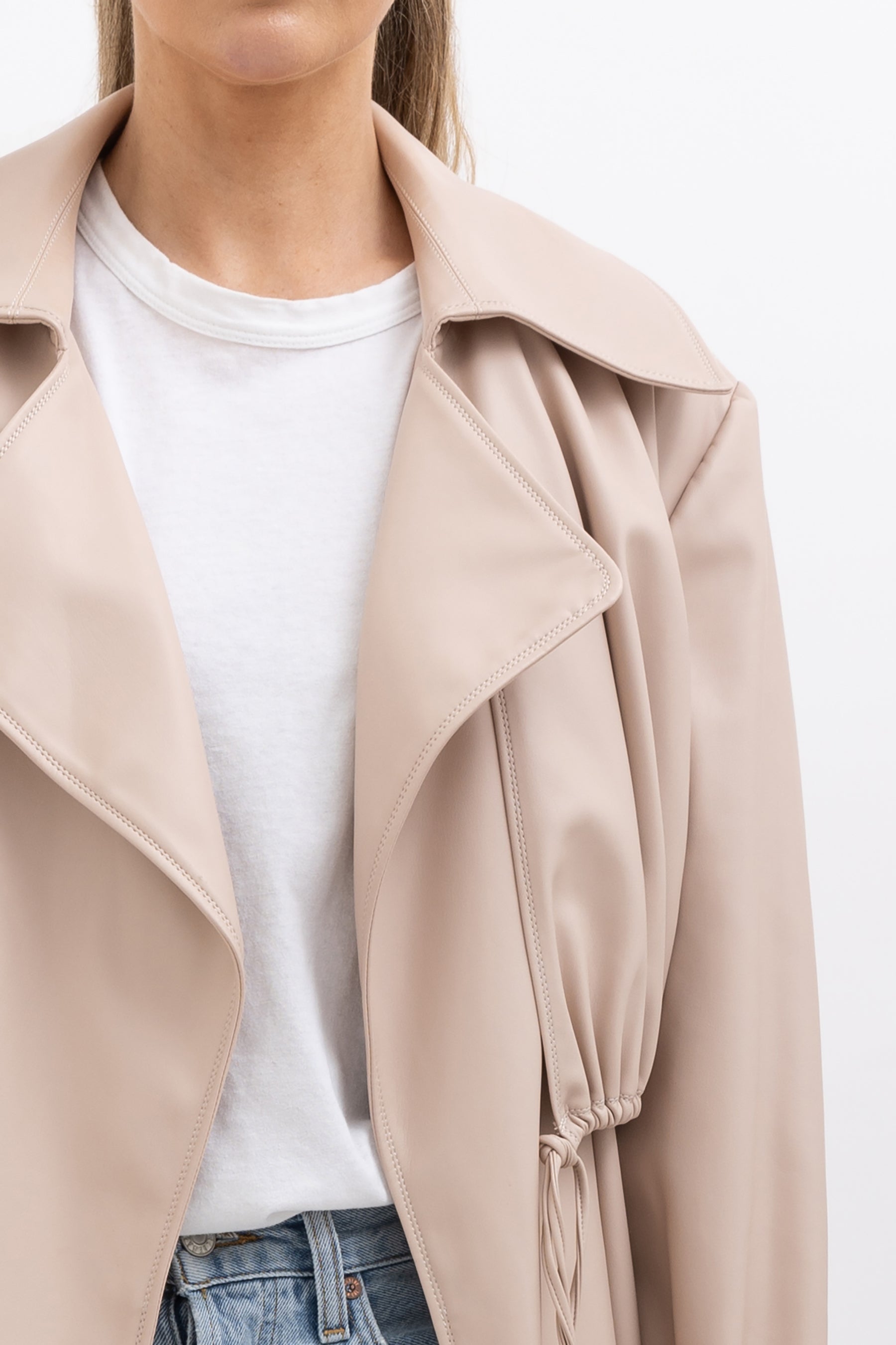 Ruched Faux Leather Trench Coat