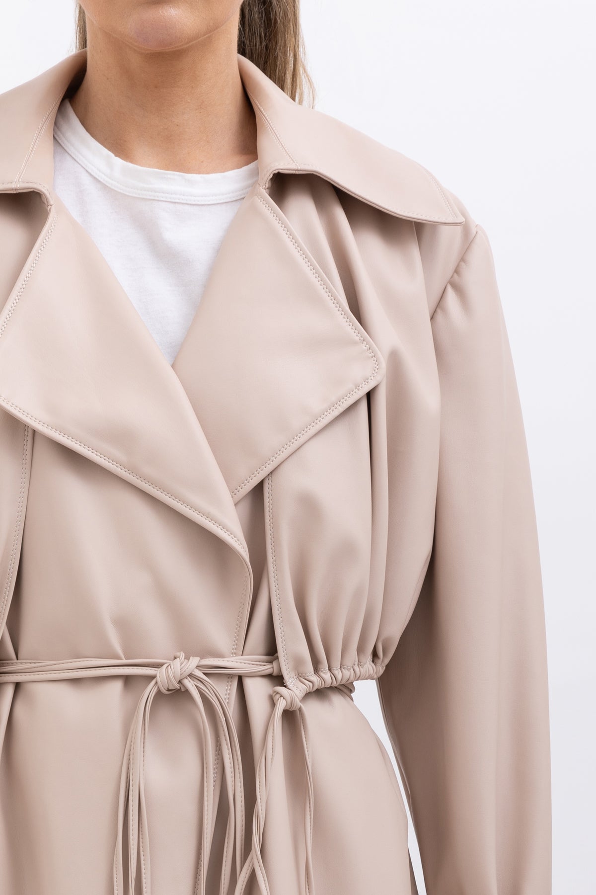 Ruched Faux Leather Trench Coat