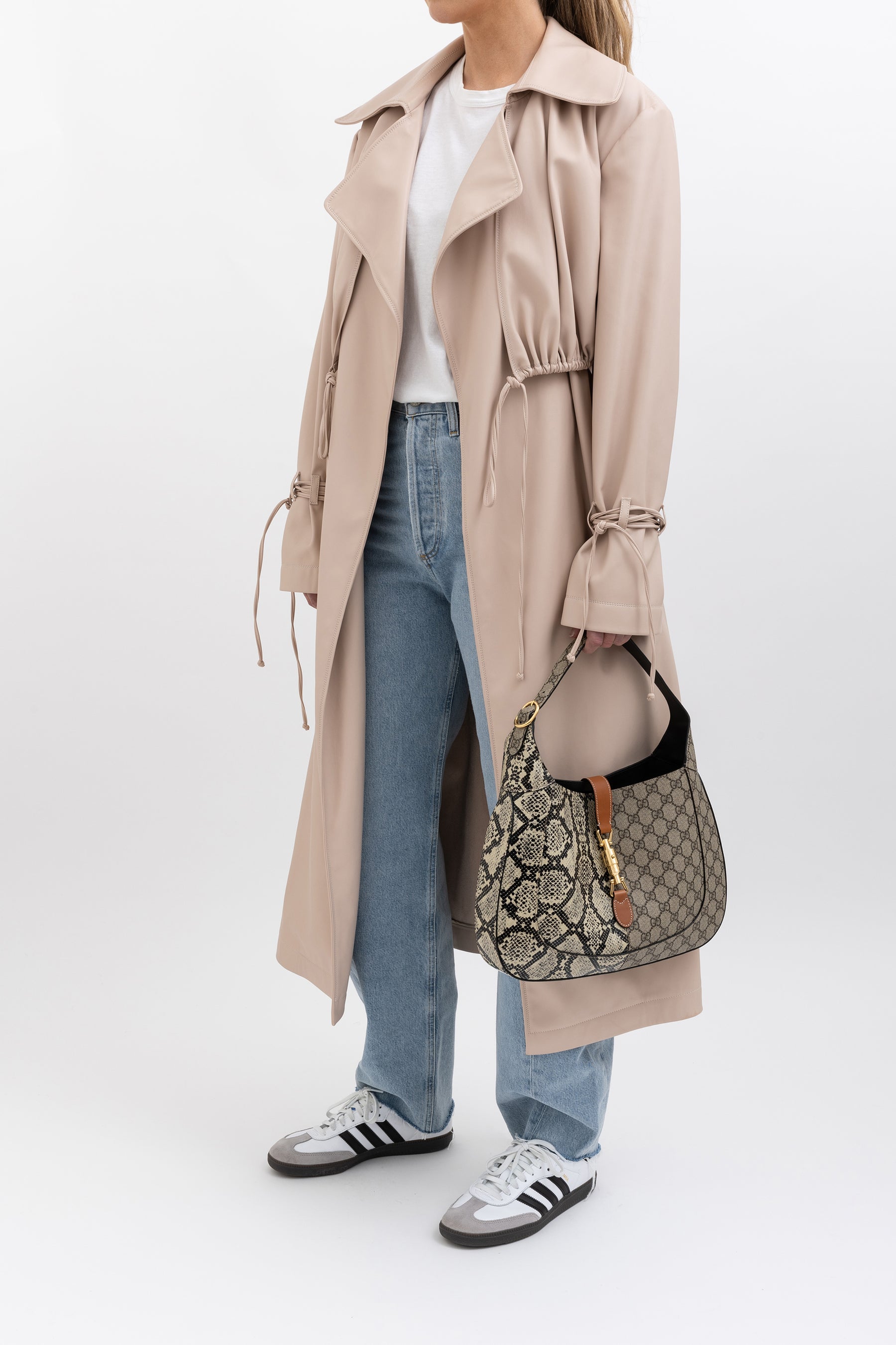 Ruched Faux Leather Trench Coat