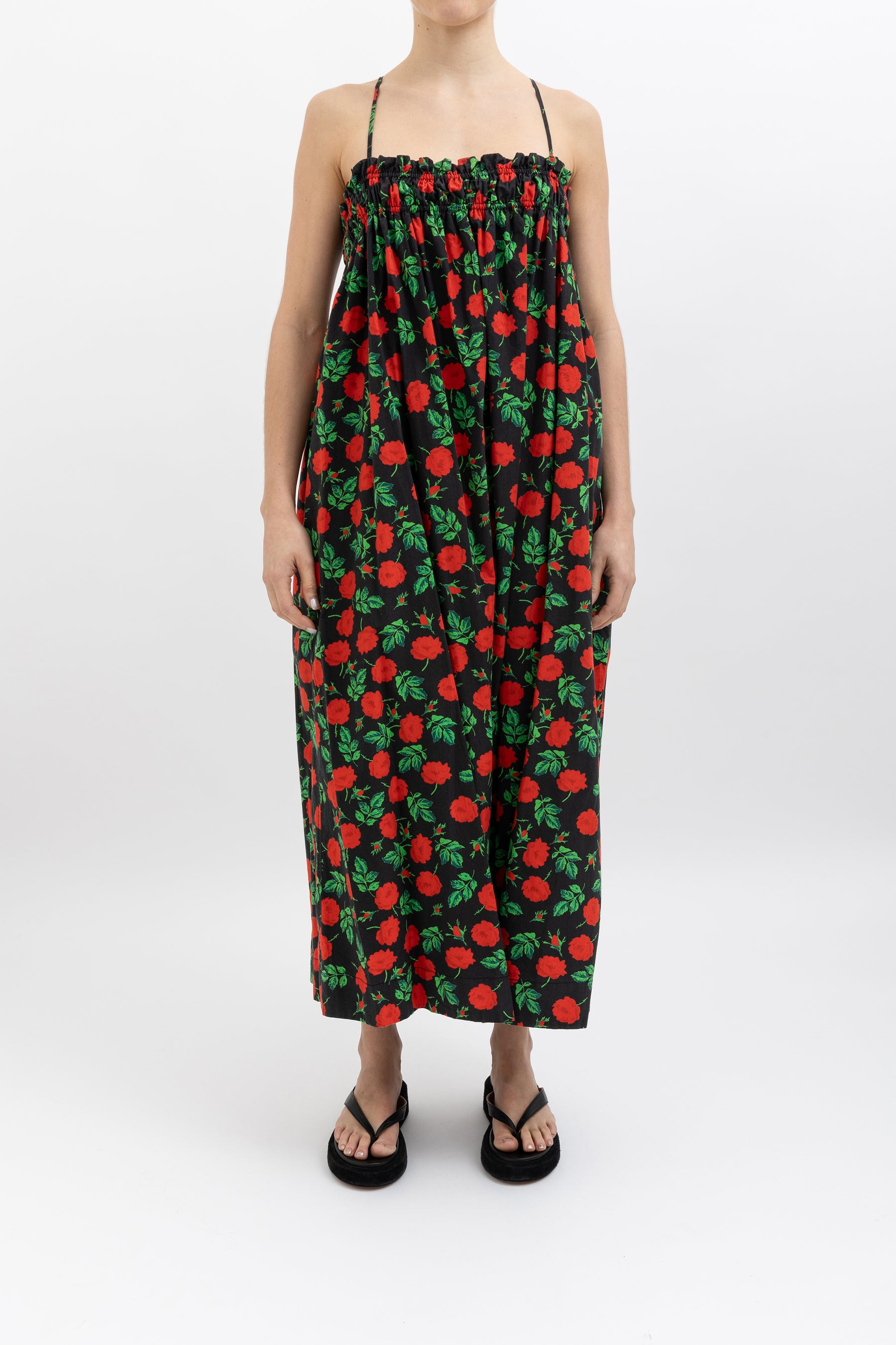 Shirred Rose Cotton Midi Dress