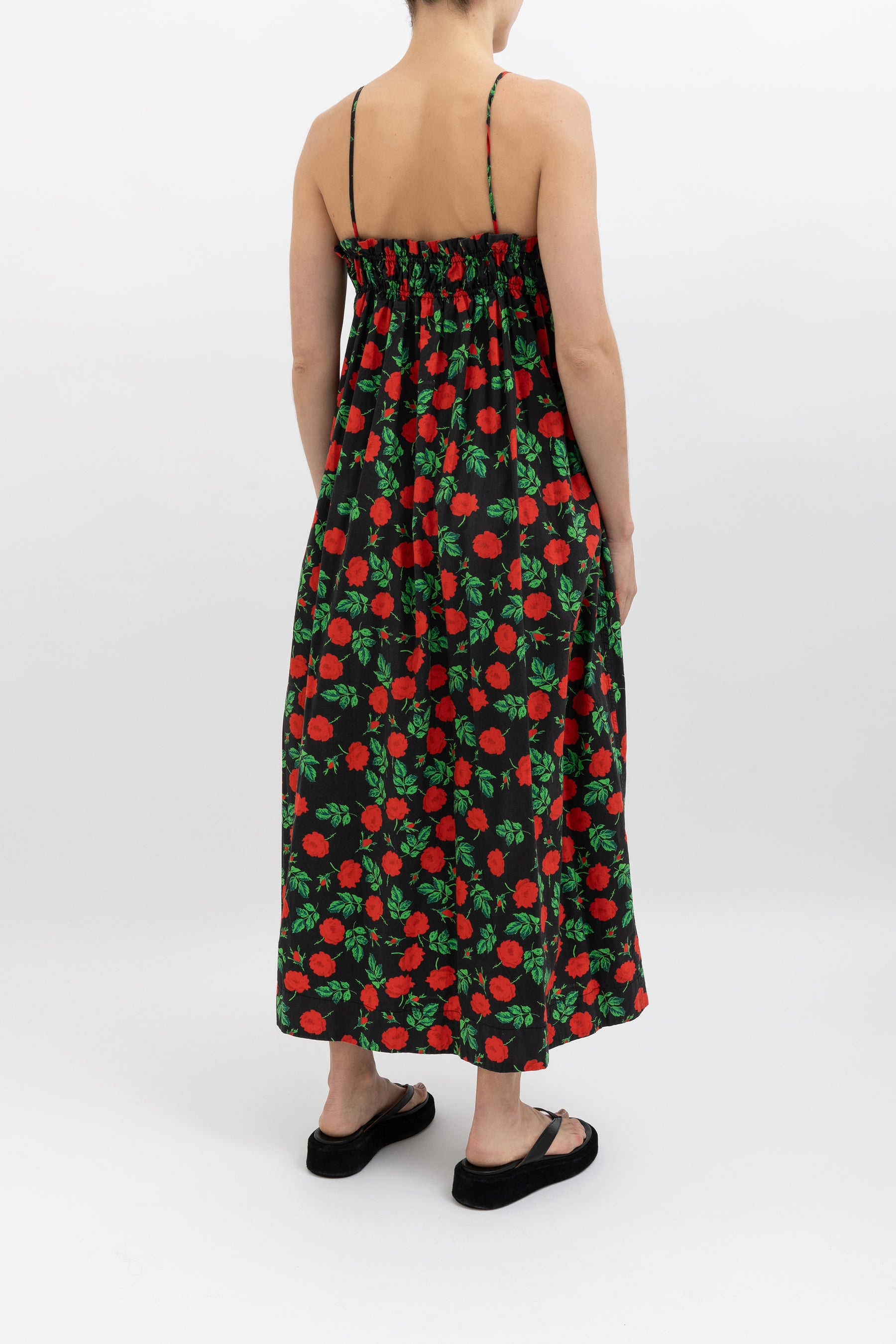 Shirred Rose Cotton Midi Dress