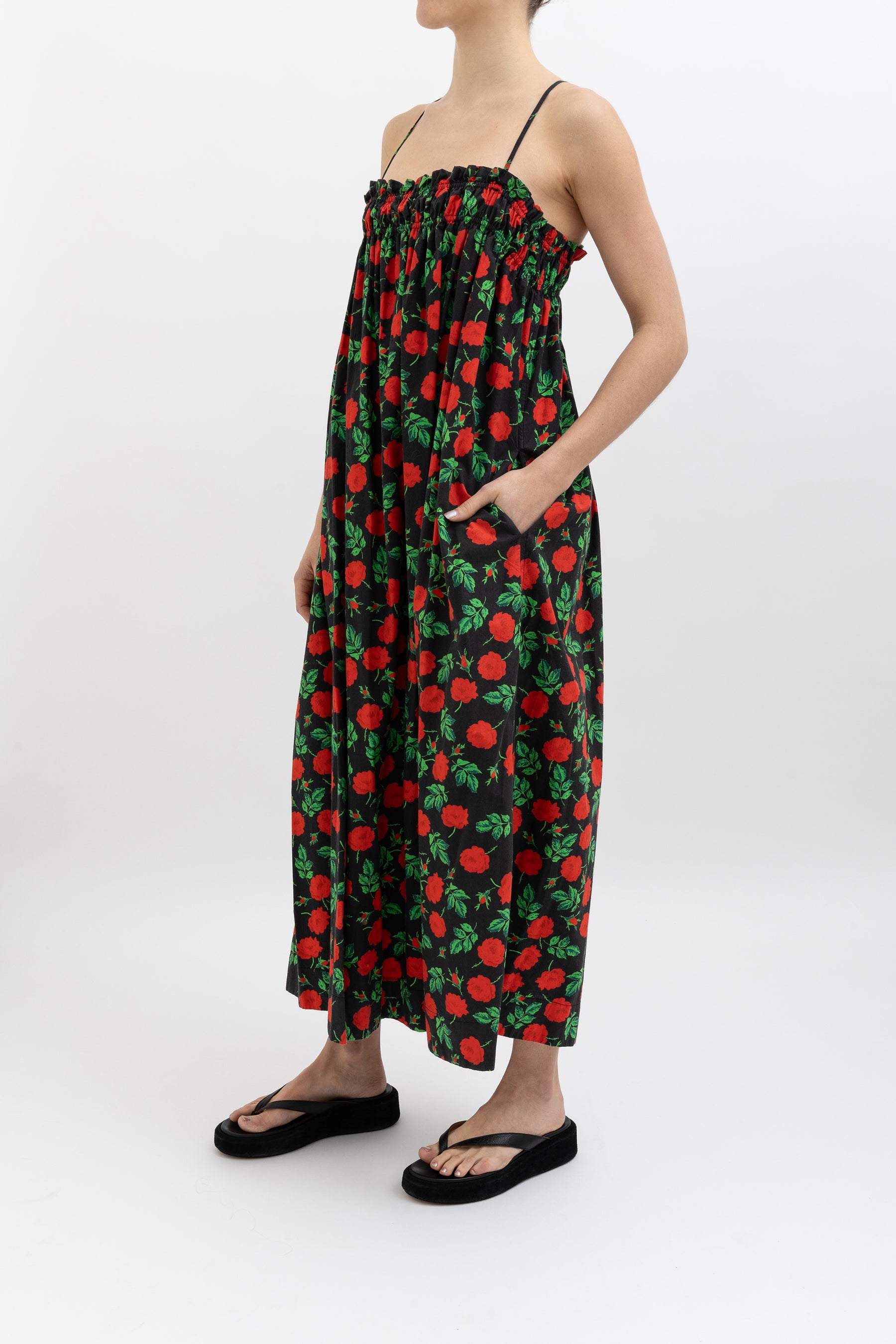 Shirred Rose Cotton Midi Dress