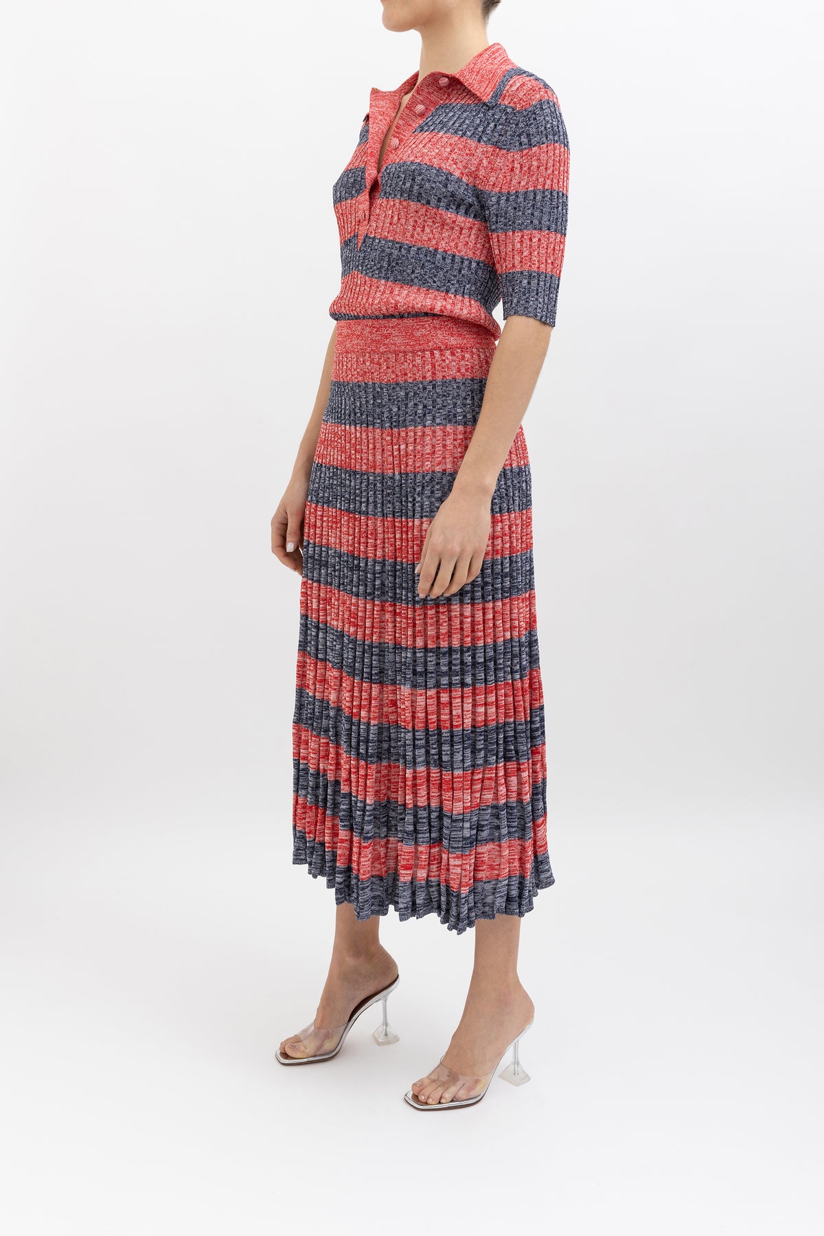 Striped Knit Polo Shirt and Skirt Set