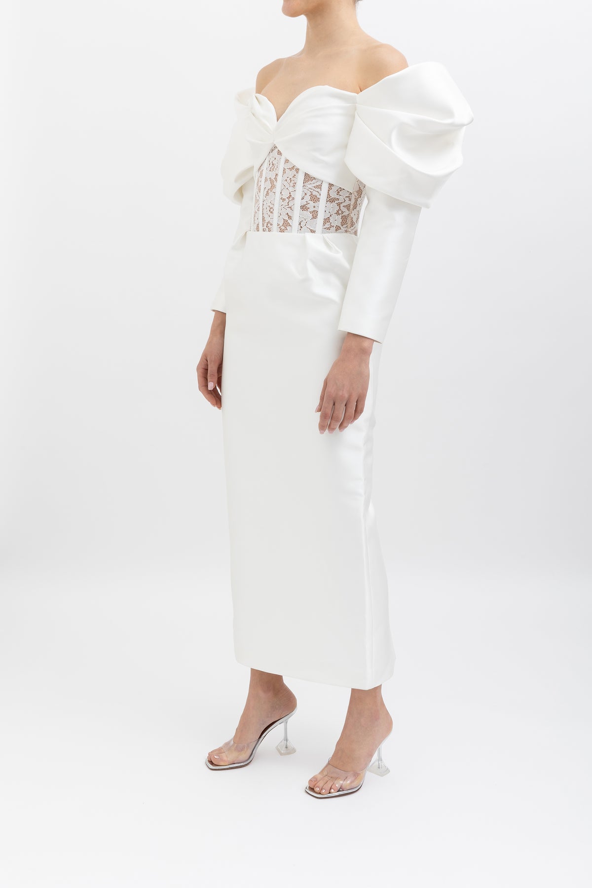 Lace Detailed Satin Off Shoulder Midi Dress